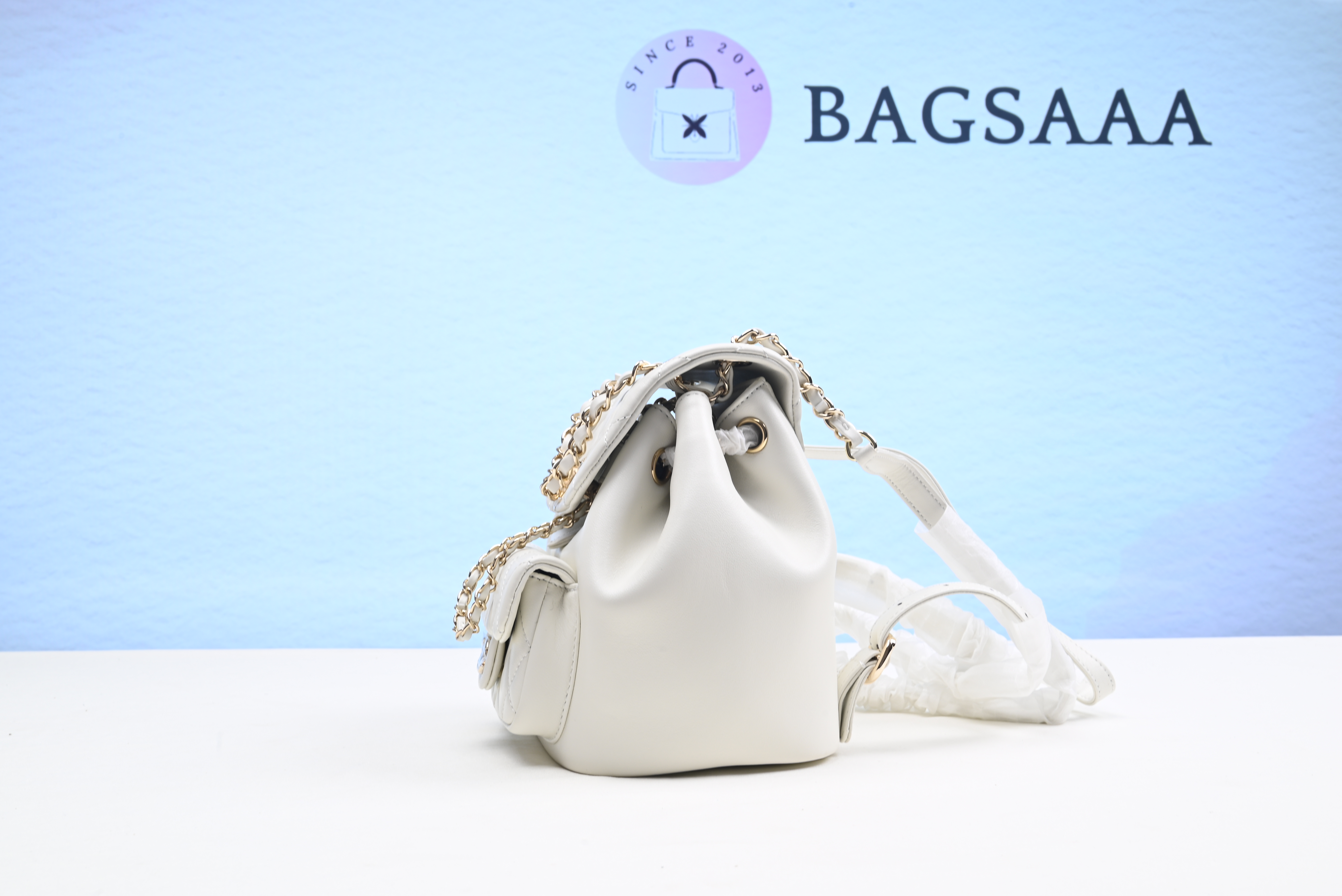 Bagsaaa Ch**el Duma Backpack White Lambskin - 18x18x12cm