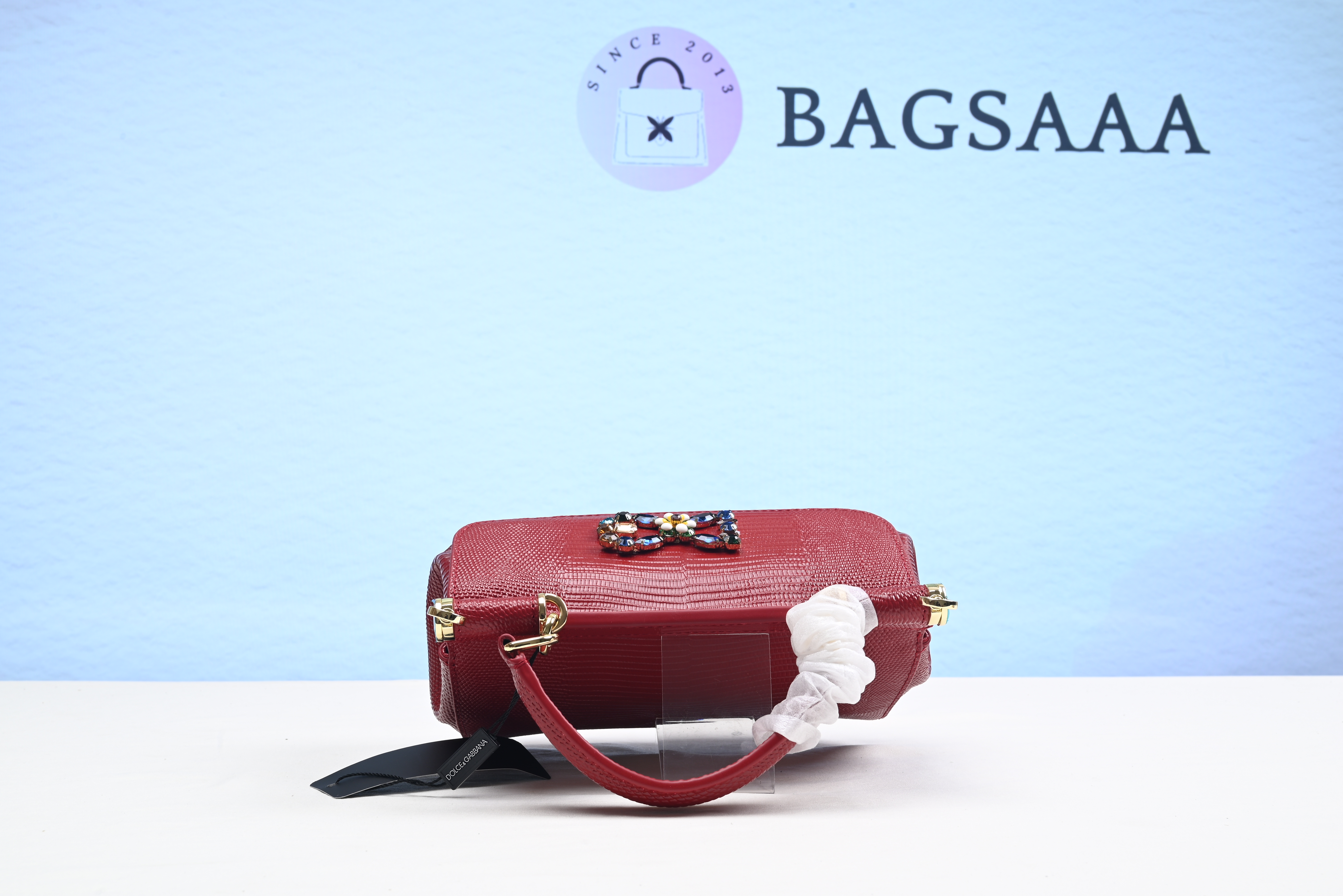 Bagsaaa DOLCE & GABBANASmall Iguana Print Calfskin Sicily Bag With Crystal Dg Logo Patch - Red
