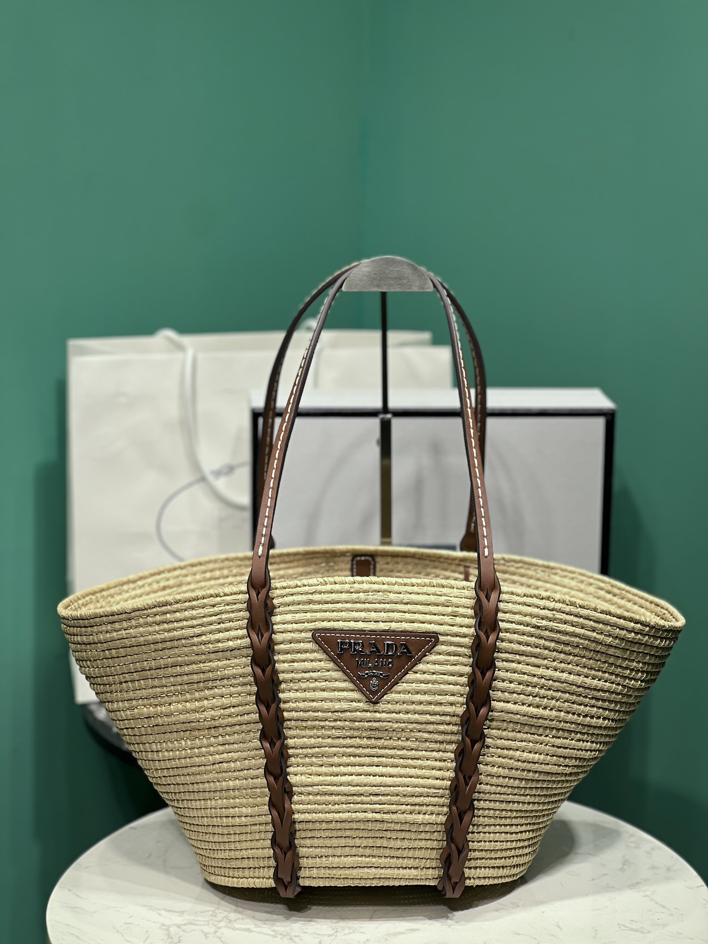 Bagsaa Pra*a Raffia Woven Braided Basket Tote - 50x25x16cm