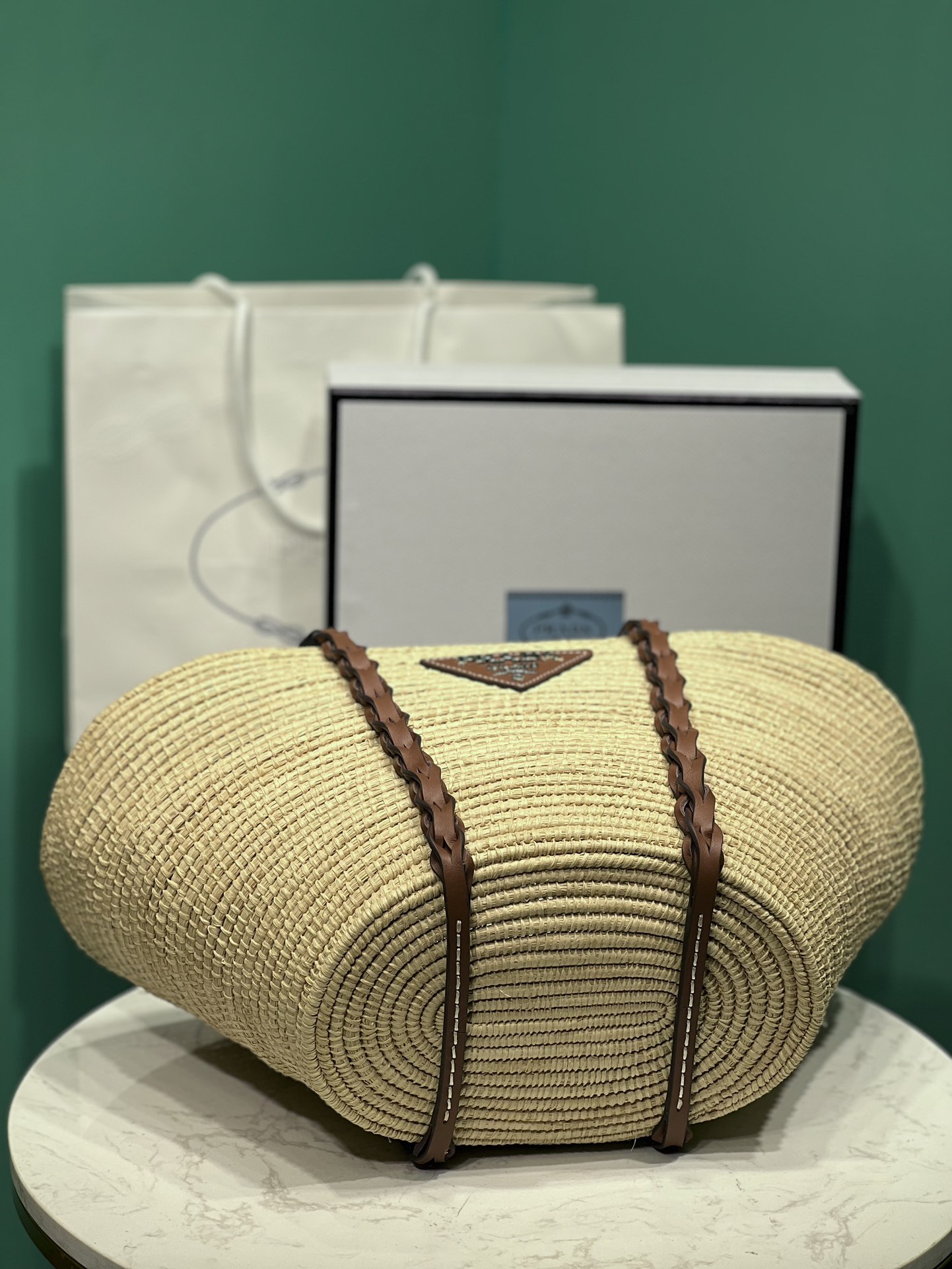 Bagsaa Pra*a Raffia Woven Braided Basket Tote - 50x25x16cm