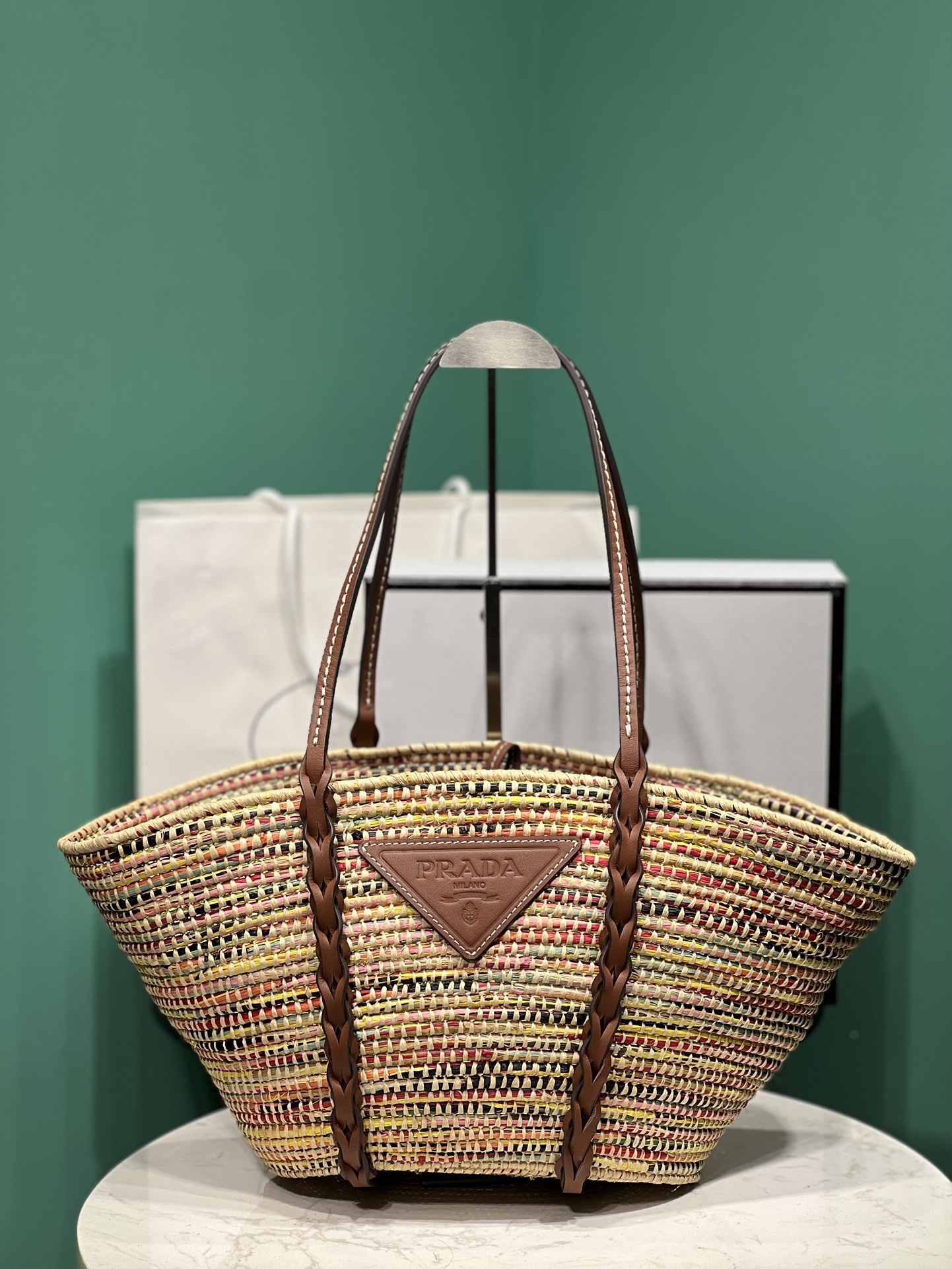Bagsaa Pra*a Raffia Woven Braided Basket Tote Multicolor - 50x25x16cm