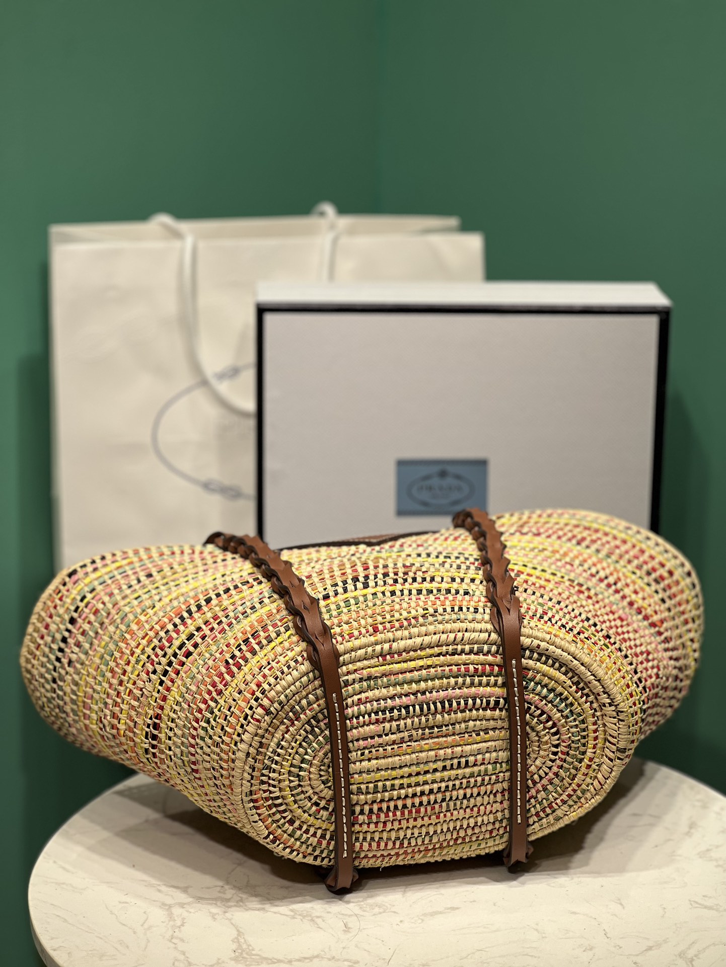 Bagsaa Pra*a Raffia Woven Braided Basket Tote Multicolor - 50x25x16cm