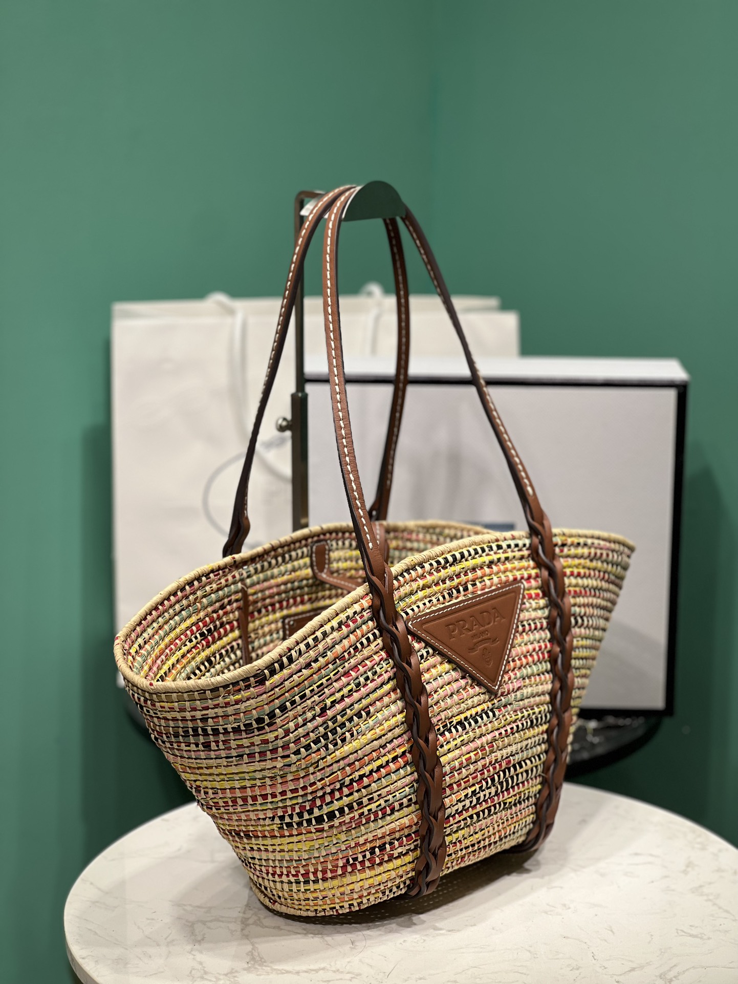 Bagsaa Pra*a Raffia Woven Braided Basket Tote Multicolor - 50x25x16cm