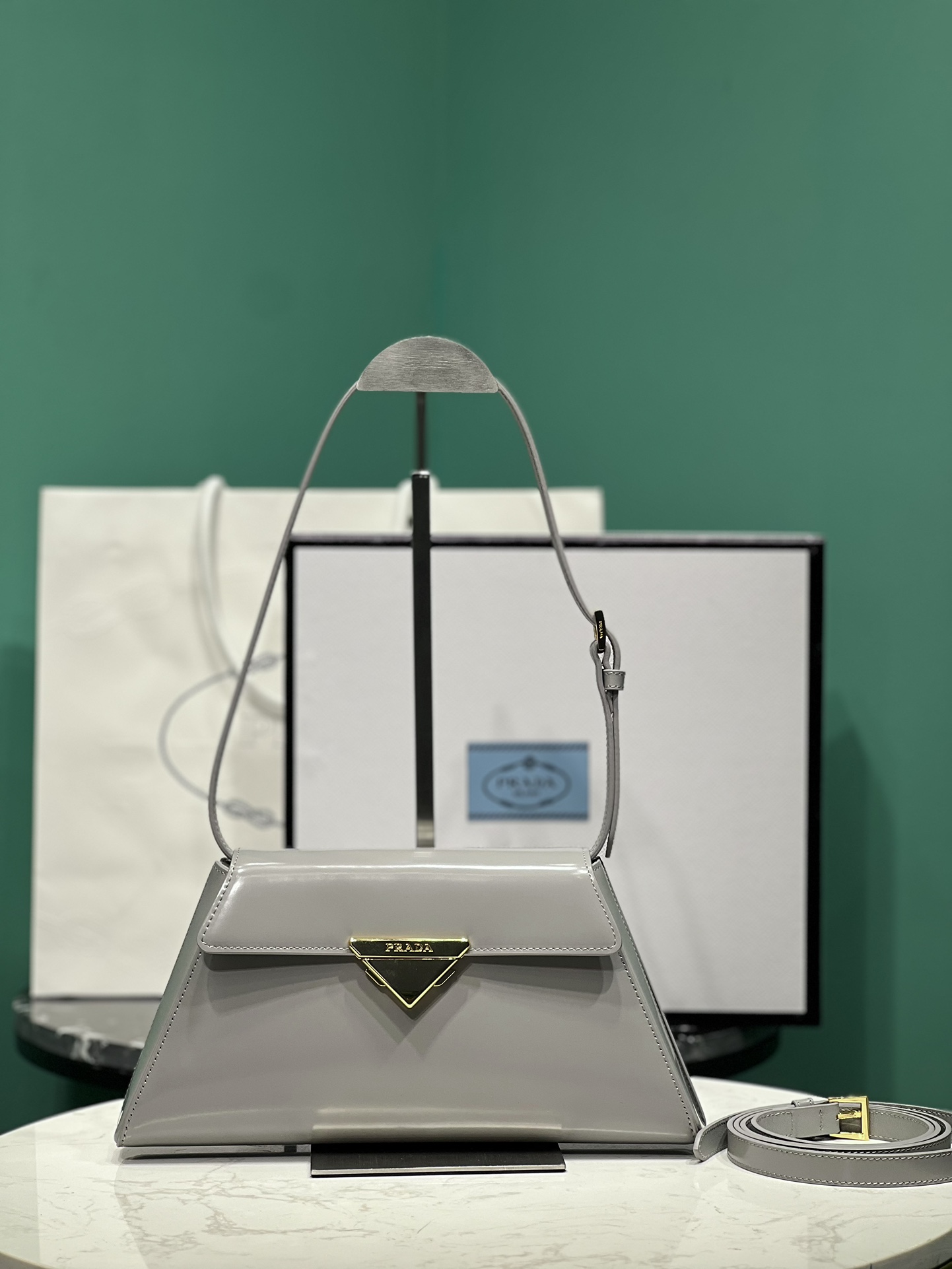 Bagsaa Pra*a Logo Triangle Medium Handbag Grey - 28.5x14x7cm