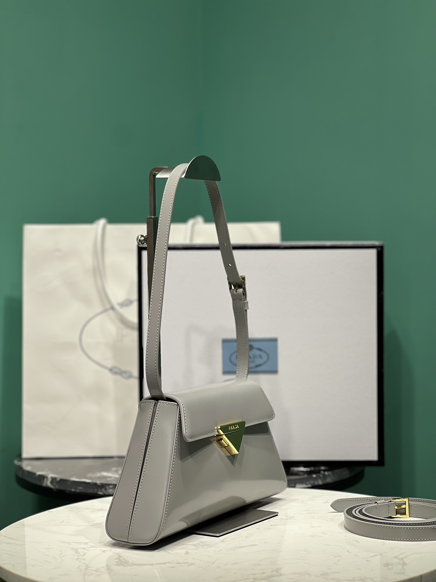 Bagsaa Pra*a Logo Triangle Medium Handbag Grey - 28.5x14x7cm