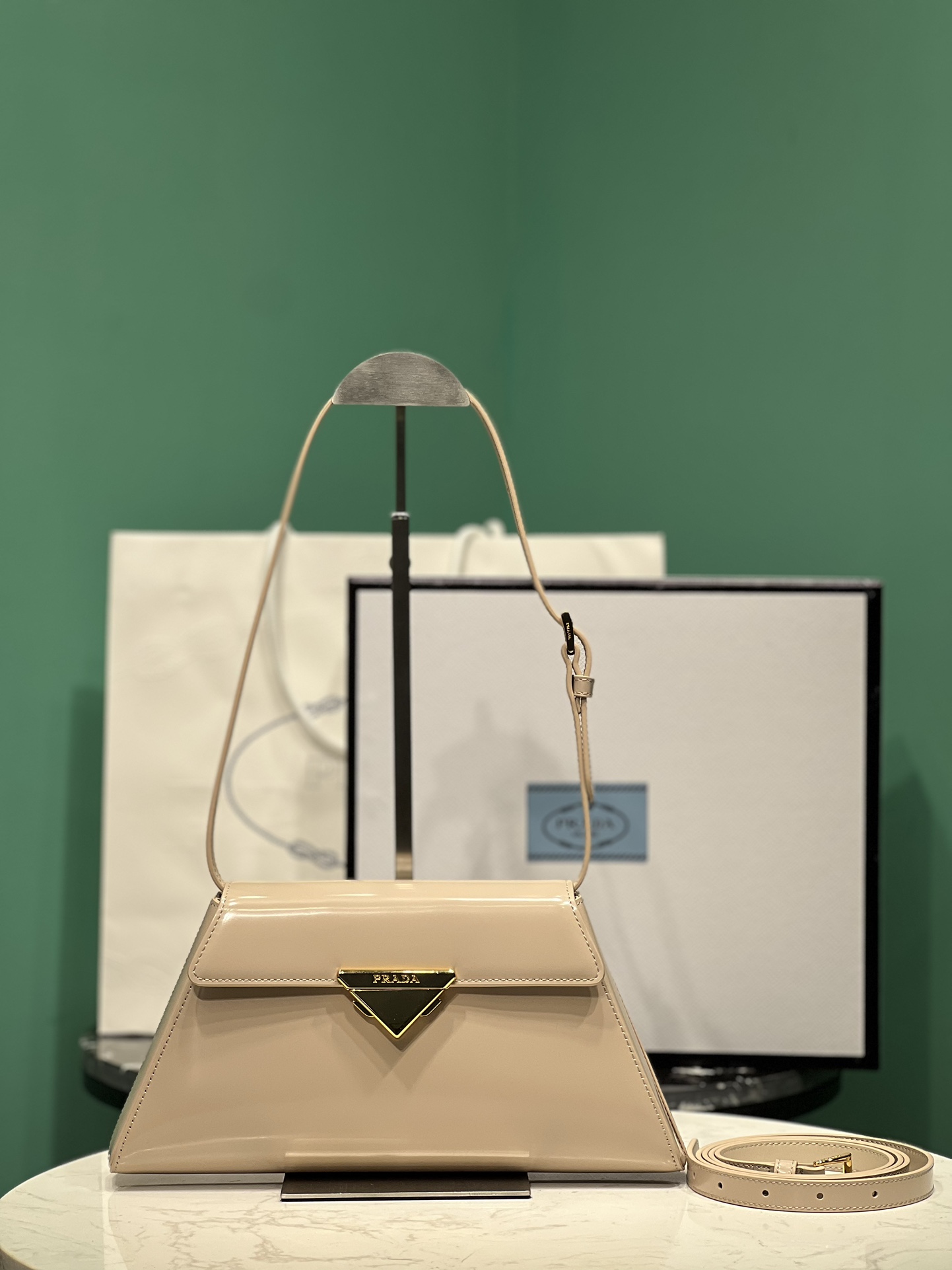 Bagsaa Pra*a Logo Triangle Medium Handbag Beige - 28.5x14x7cm