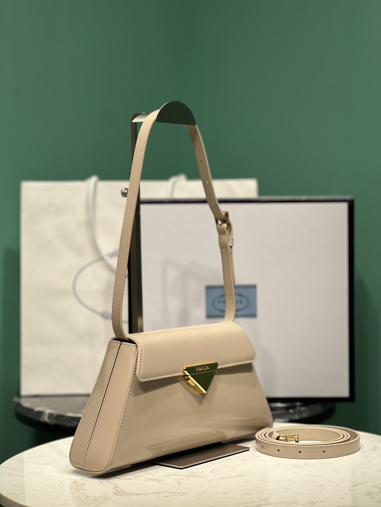 Bagsaa Pra*a Logo Triangle Medium Handbag Beige - 28.5x14x7cm