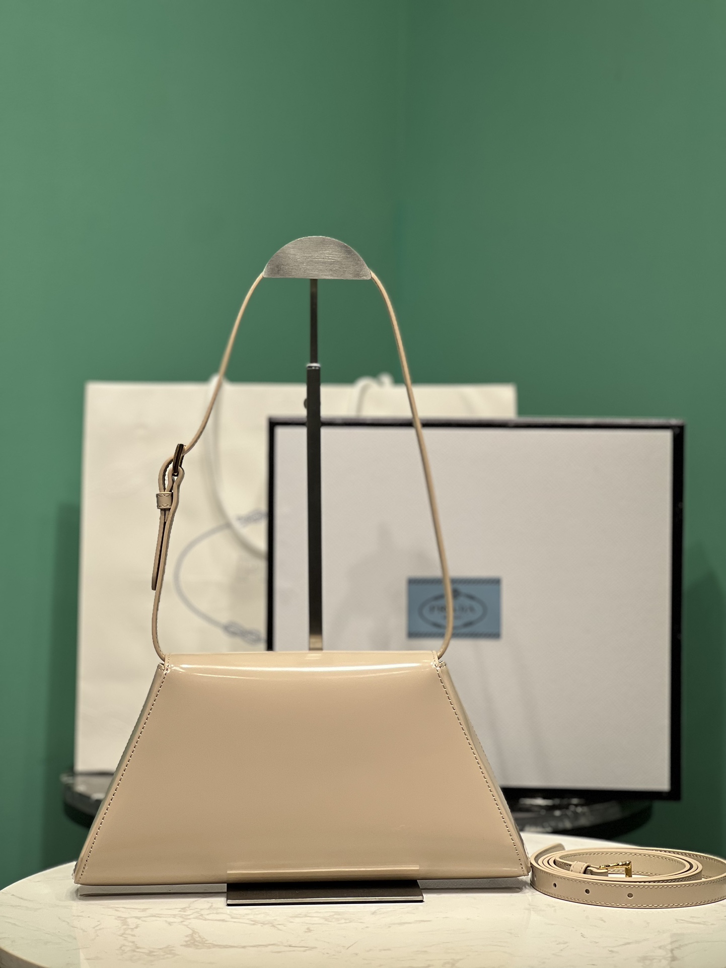 Bagsaa Pra*a Logo Triangle Medium Handbag Beige - 28.5x14x7cm