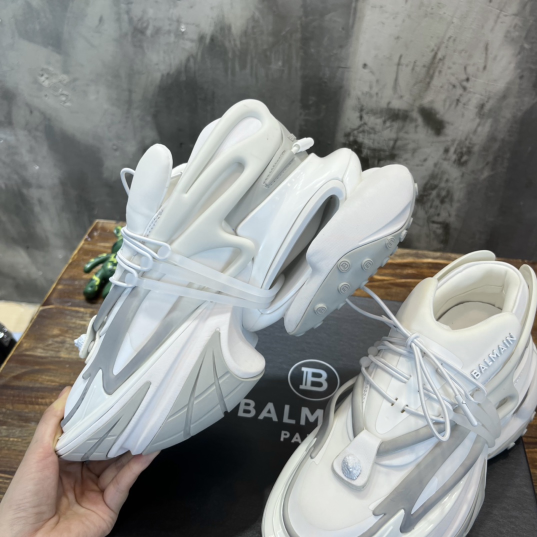 Balmain White Unicorn Neoprene & Leather Sneakers