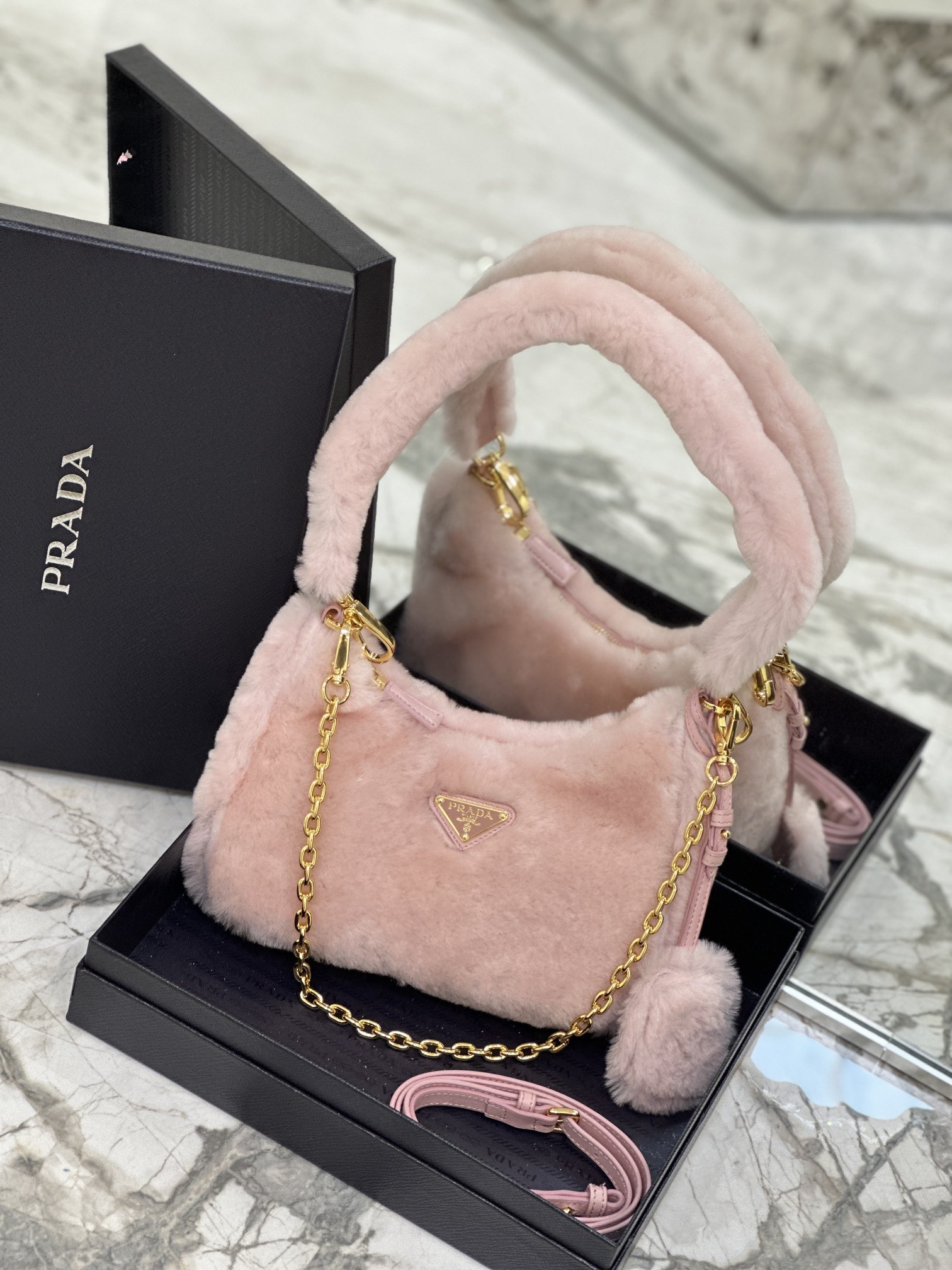 Bagsaaa Pra*a Re-Edition 2005 shearling shoulder bag pink 22x18x6cm