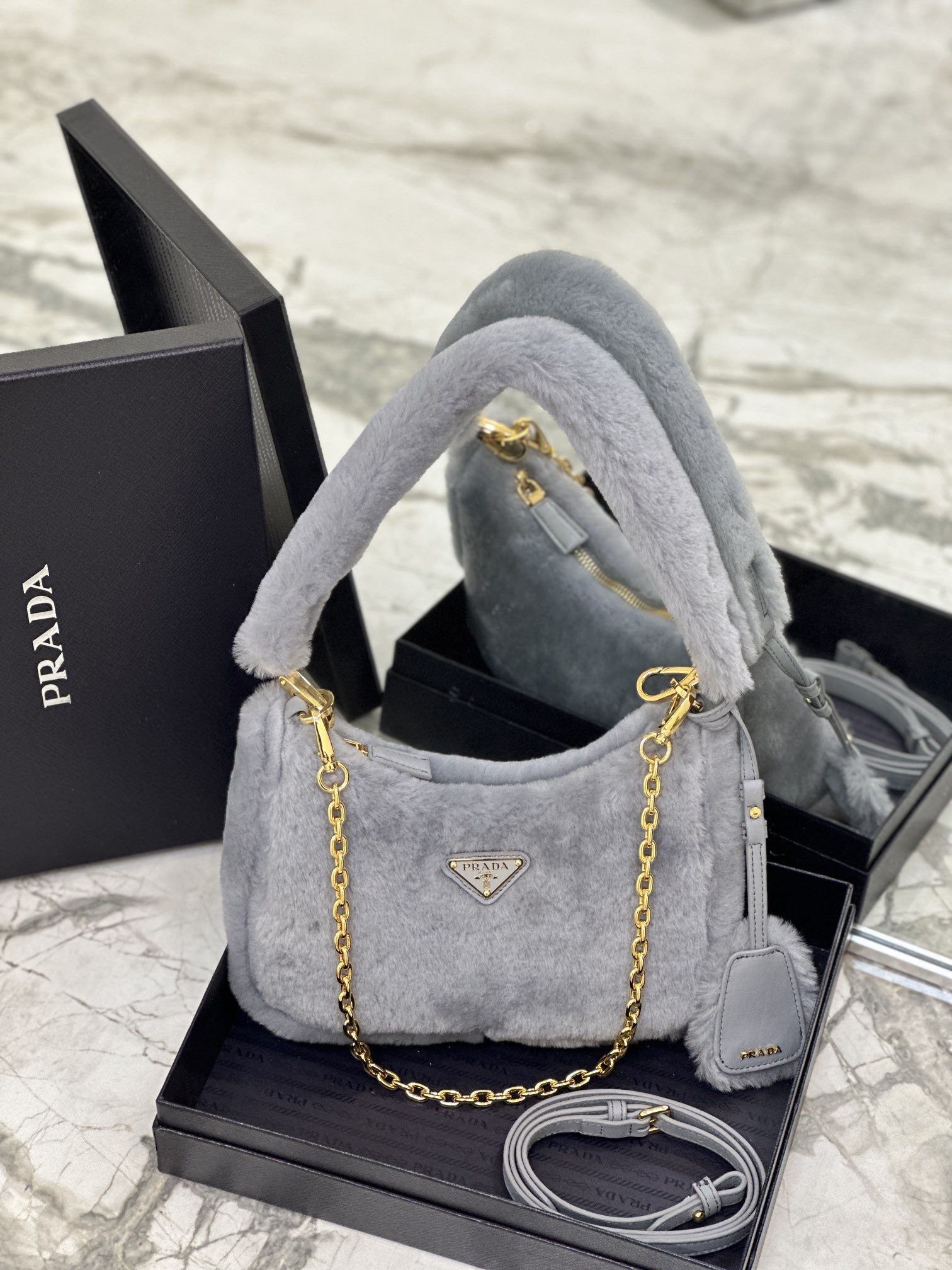Bagsaaa Pra*a Re-Edition 2005 shearling shoulder bag grey 22x18x6cm