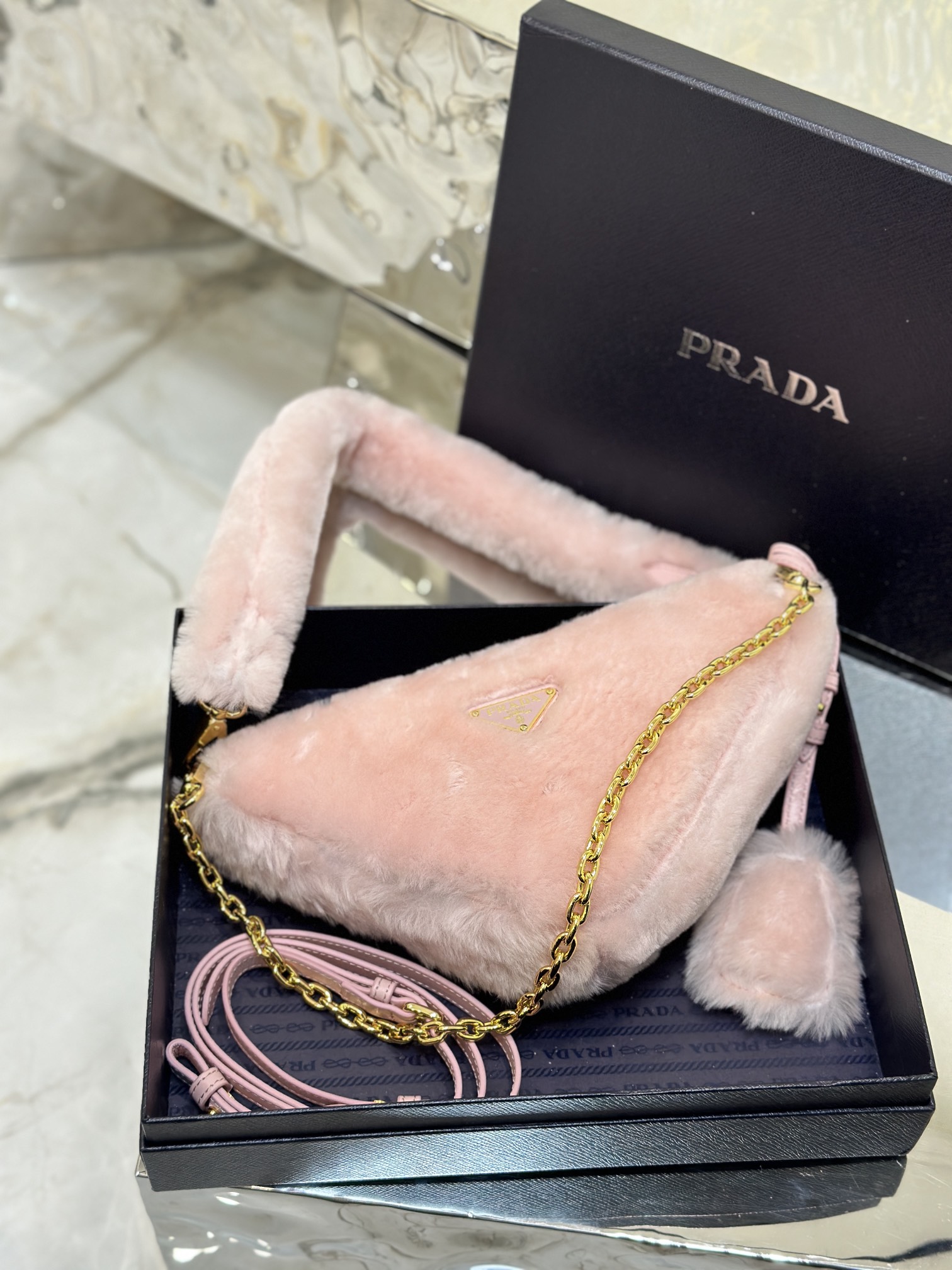 Bagsaaa Pra*a Triangle Shearling Bag Pink - 24x14.5x5cm