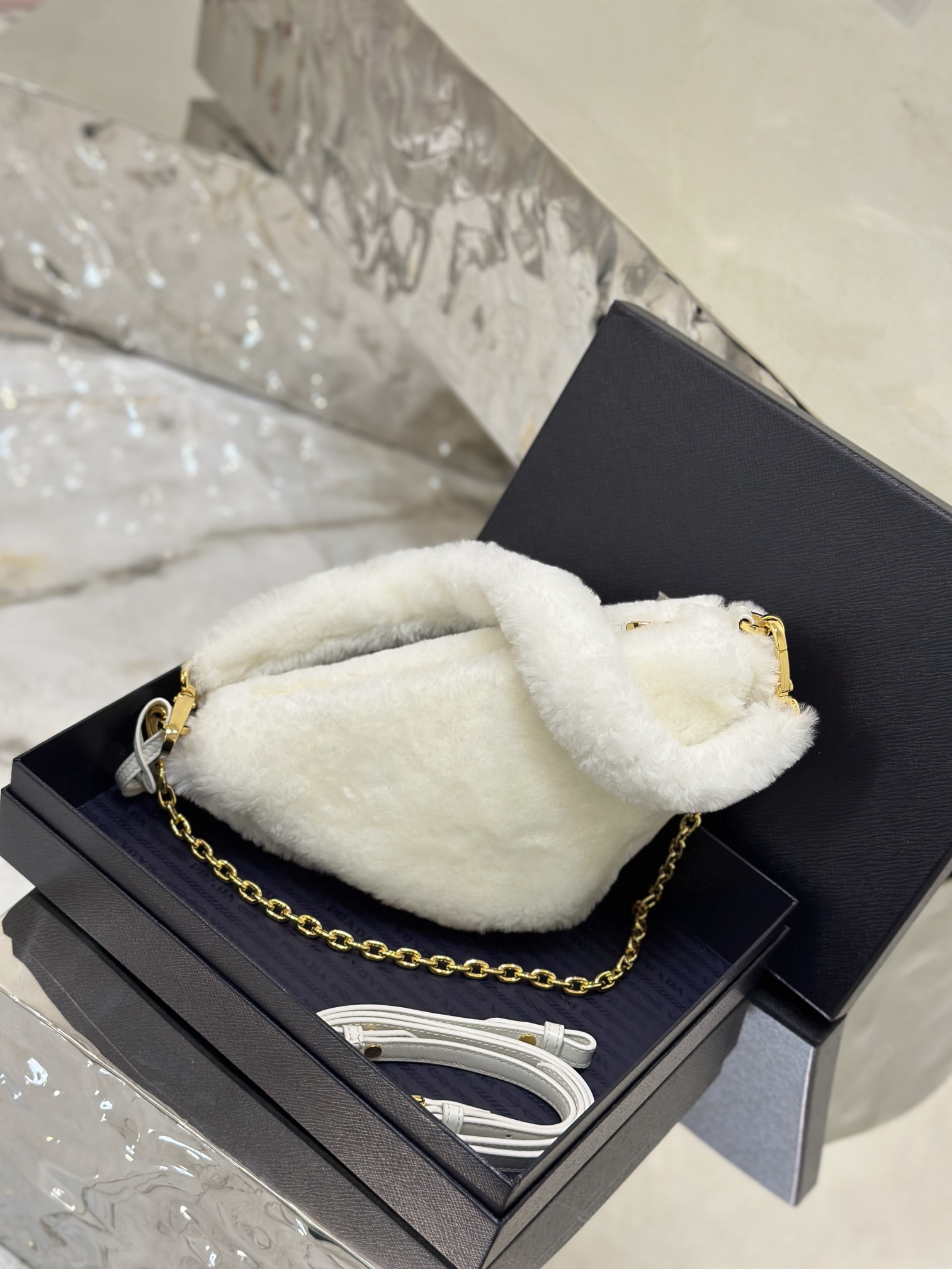 Bagsaaa Pra*a Triangle Shearling Bag White - 24x14.5x5cm