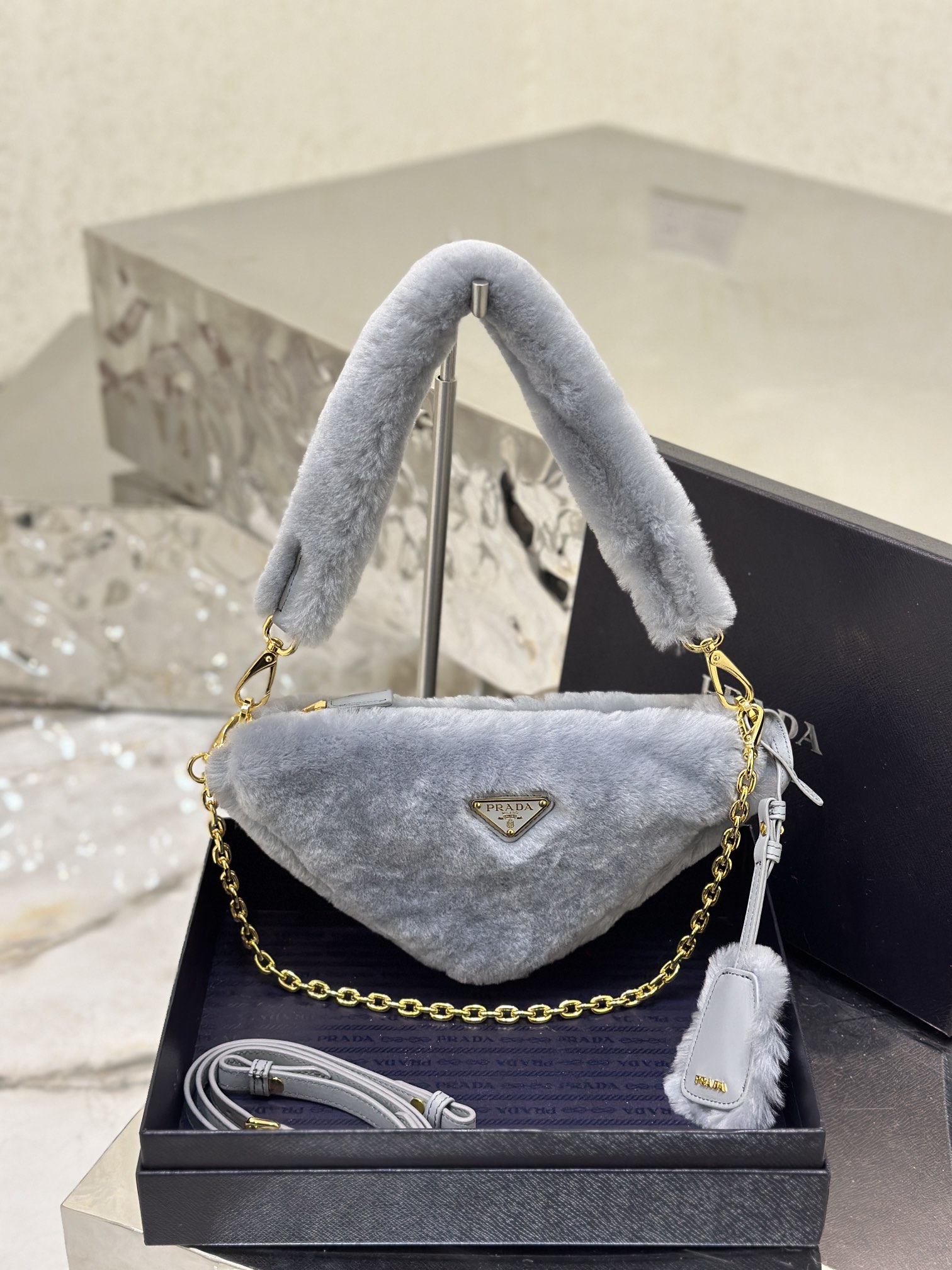 Bagsaaa Pra*a Triangle Shearling Bag Grey - 24x14.5x5cm