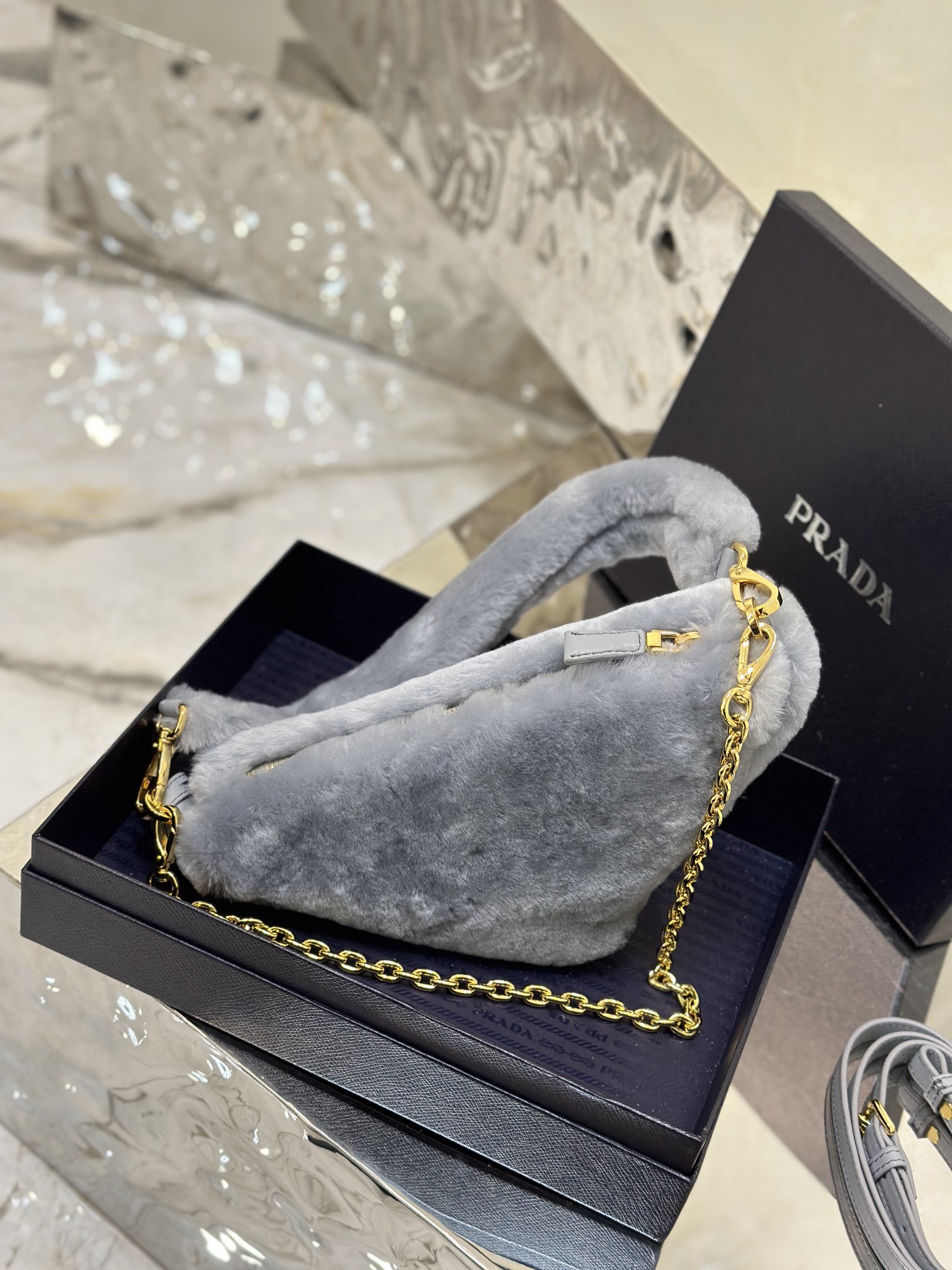 Bagsaaa Pra*a Triangle Shearling Bag Grey - 24x14.5x5cm