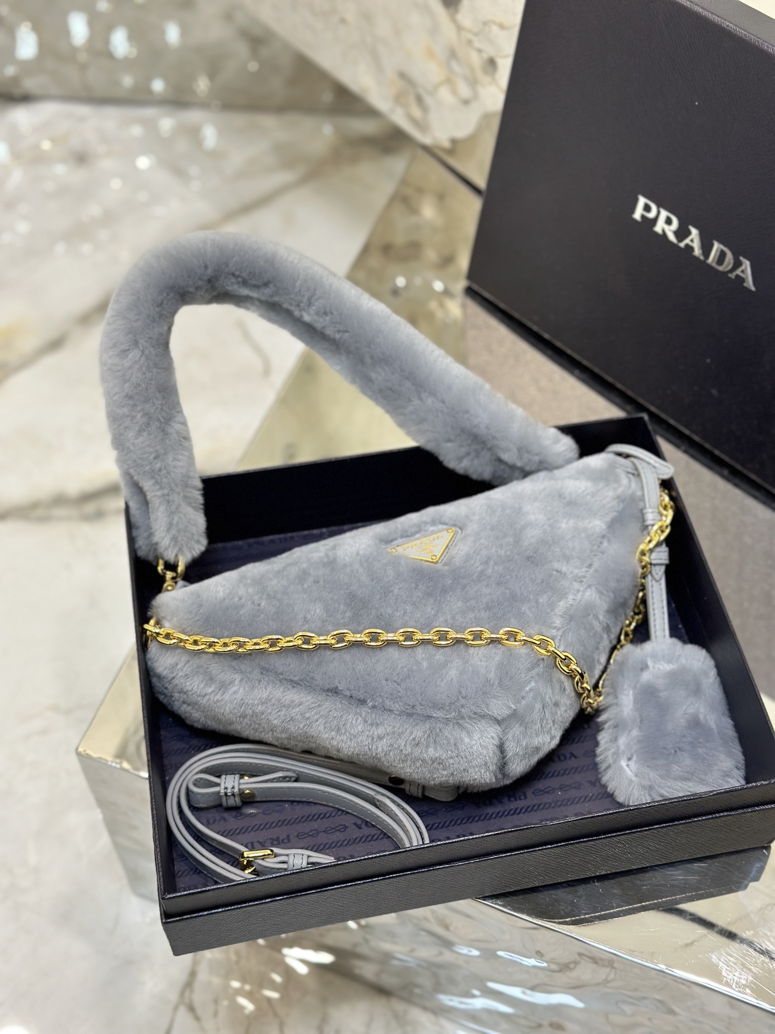 Bagsaaa Pra*a Triangle Shearling Bag Grey - 24x14.5x5cm