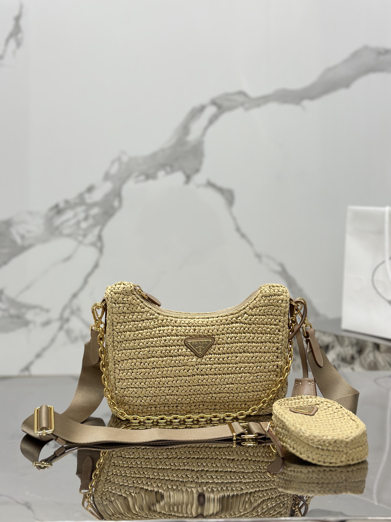 Bagsaaa Pra*a RE-EDITION 2005 RAFFIA SHOULDER BAG TAN - 23*16*7cm