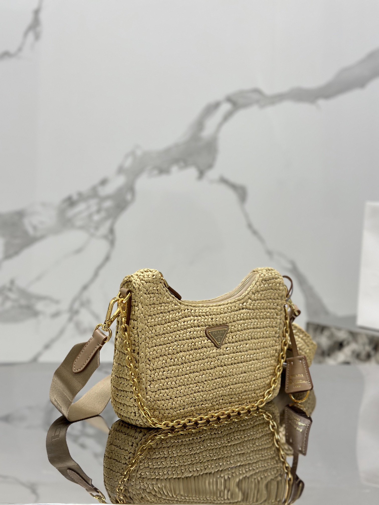 Bagsaaa Pra*a RE-EDITION 2005 RAFFIA SHOULDER BAG TAN - 23*16*7cm