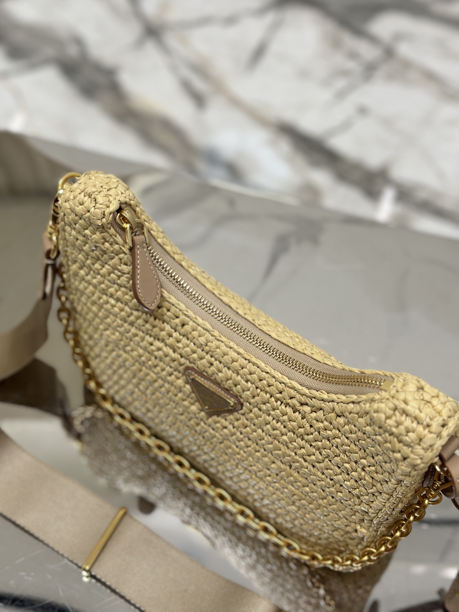 Bagsaaa Pra*a RE-EDITION 2005 RAFFIA SHOULDER BAG TAN - 23*16*7cm