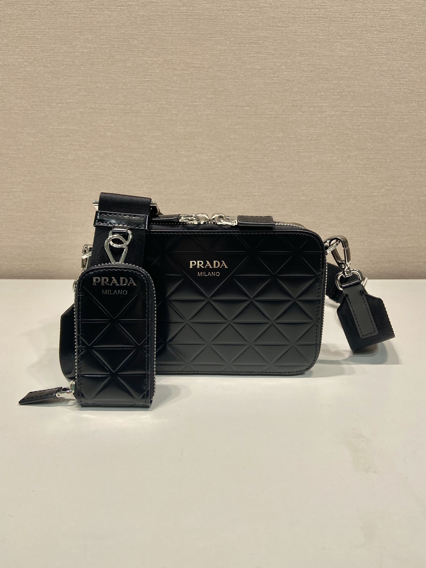 Bagsaaa Pra*a Brushed Shoulder Bag Black Embossed triangle motif - 19*12.5*5.5cm