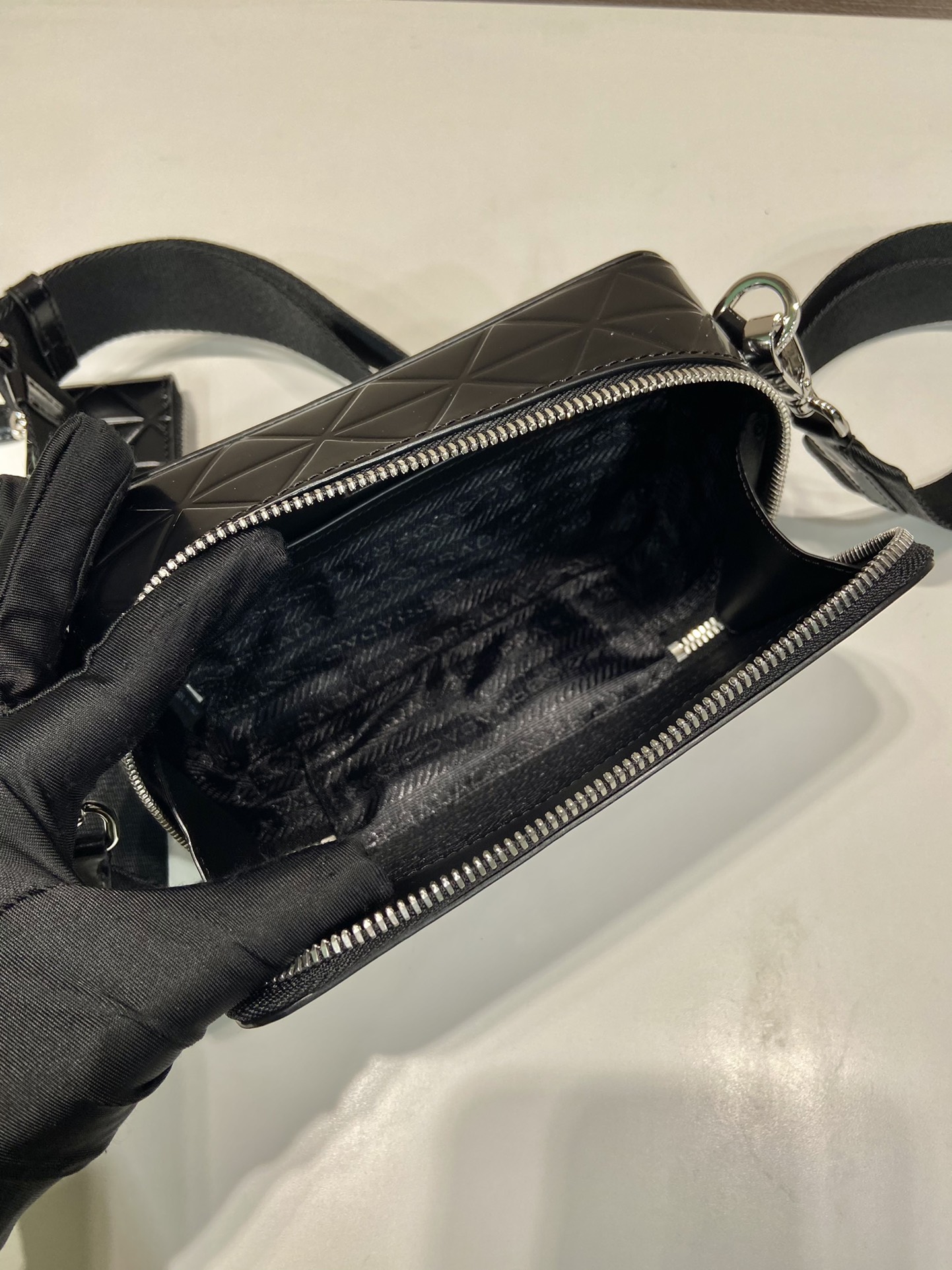 Bagsaaa Pra*a Brushed Shoulder Bag Black Embossed triangle motif - 19*12.5*5.5cm