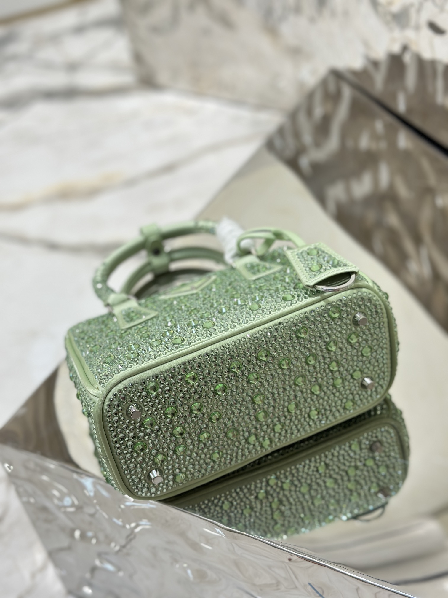 Bagsaaa Pra*a Galleria satin mini-bag with green crystals - 20*14.5*9.5cm