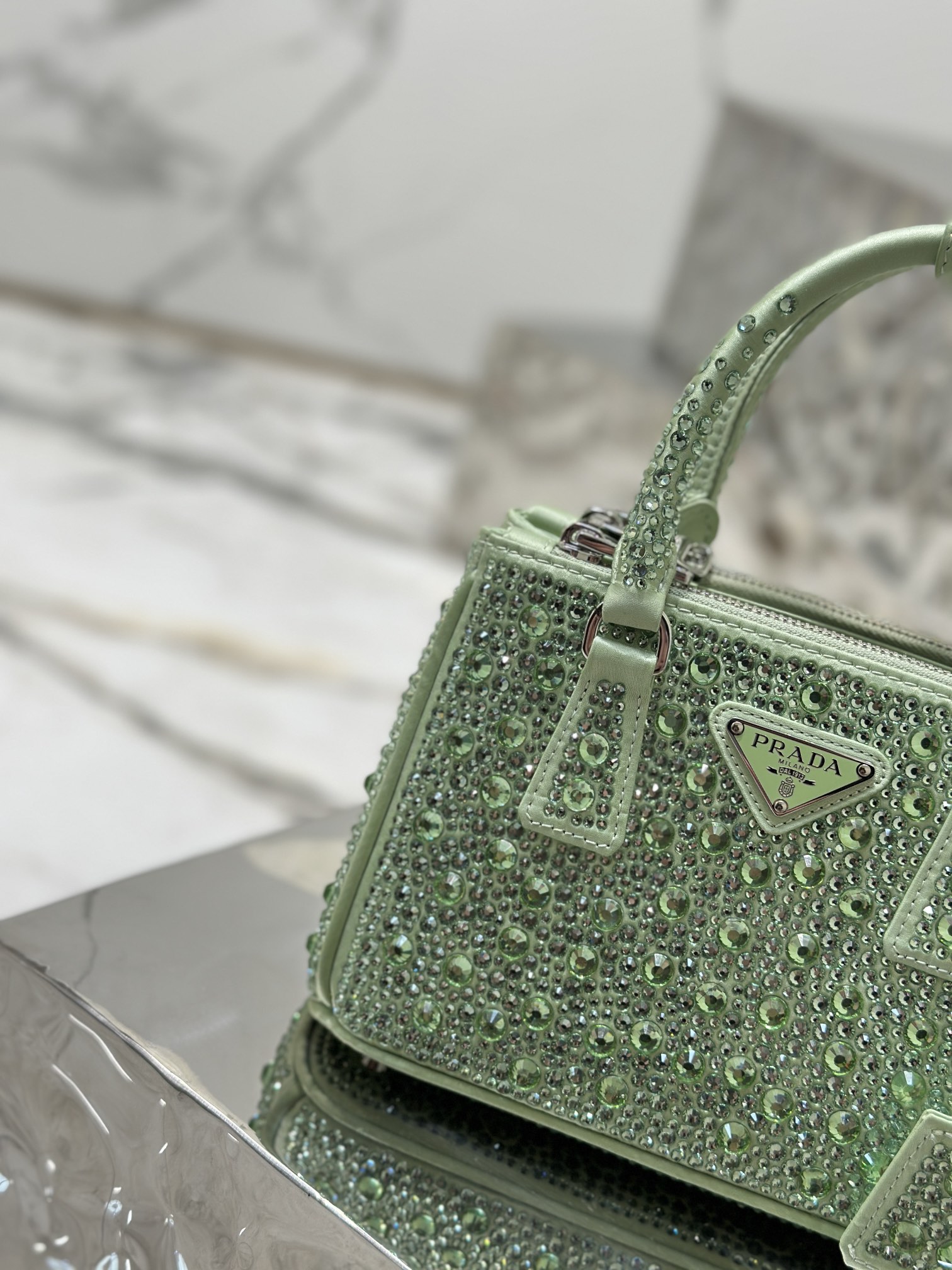 Bagsaaa Pra*a Galleria satin mini-bag with green crystals - 20*14.5*9.5cm