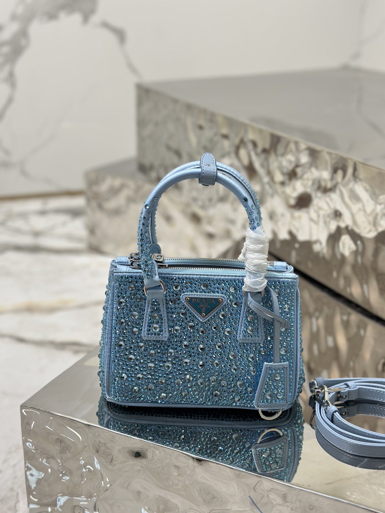 Bagsaaa Pra*a Galleria satin mini-bag with blue crystals - 20*14.5*9.5cm