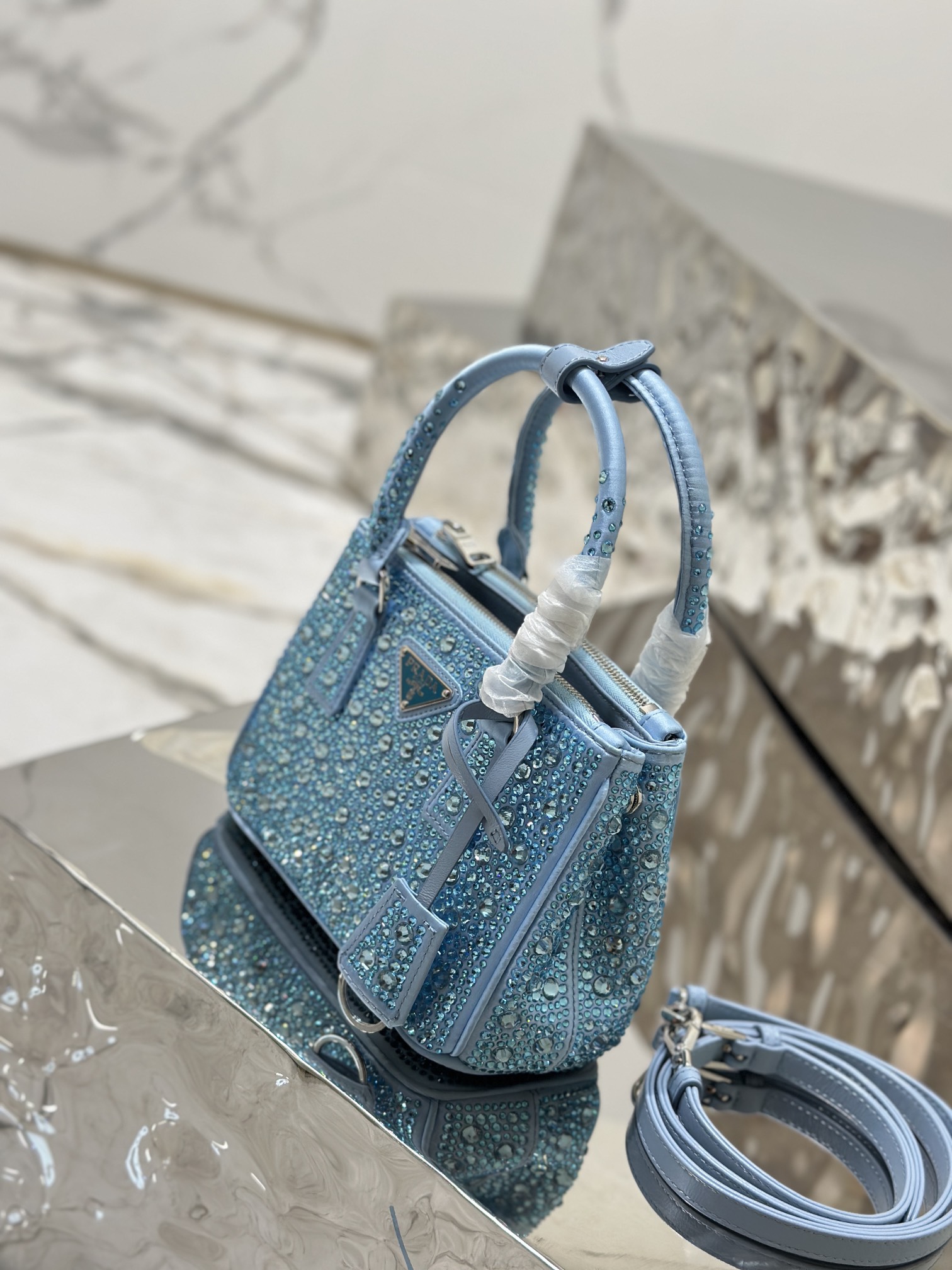 Bagsaaa Pra*a Galleria satin mini-bag with blue crystals - 20*14.5*9.5cm
