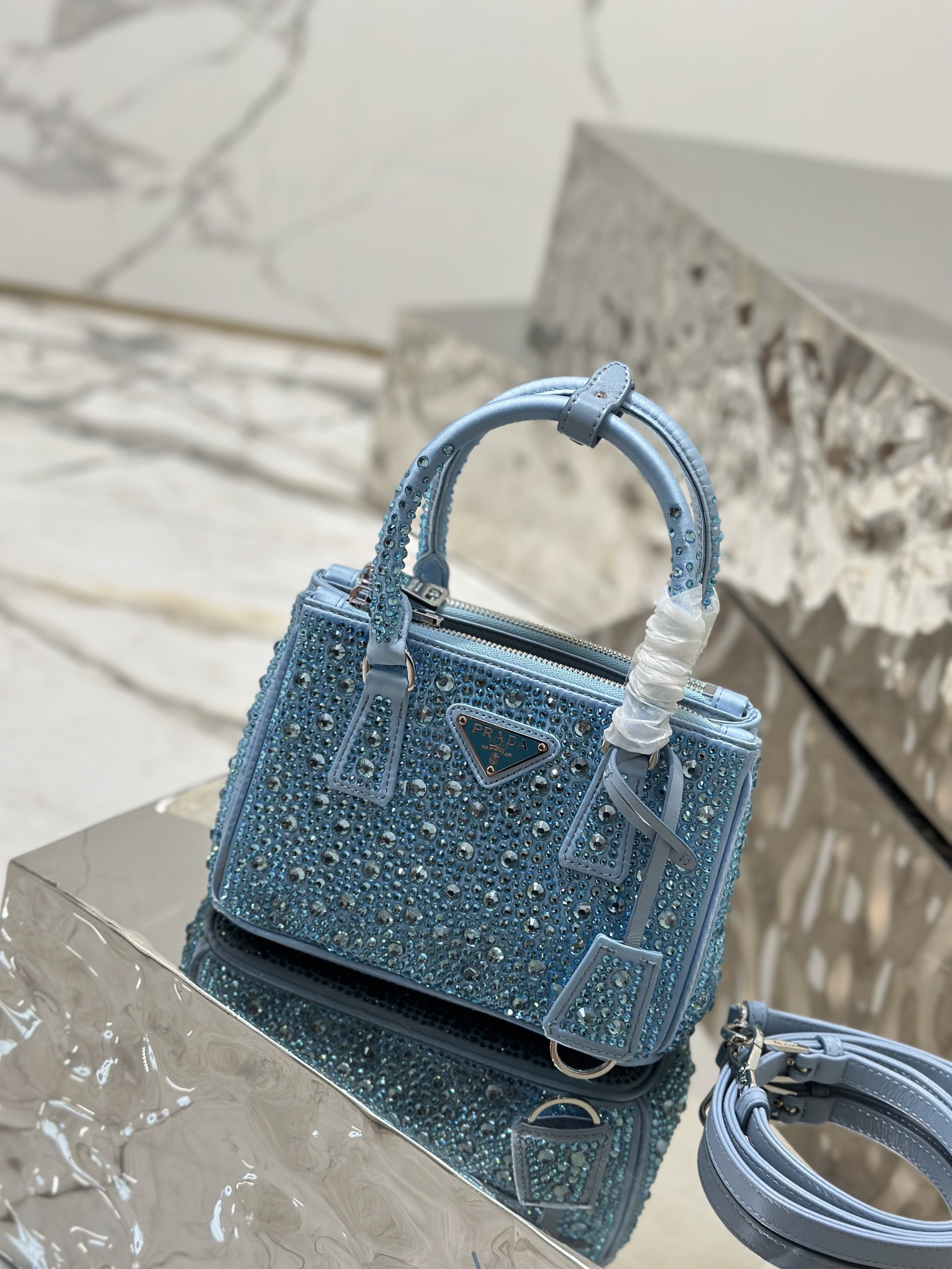 Bagsaaa Pra*a Galleria satin mini-bag with blue crystals - 20*14.5*9.5cm