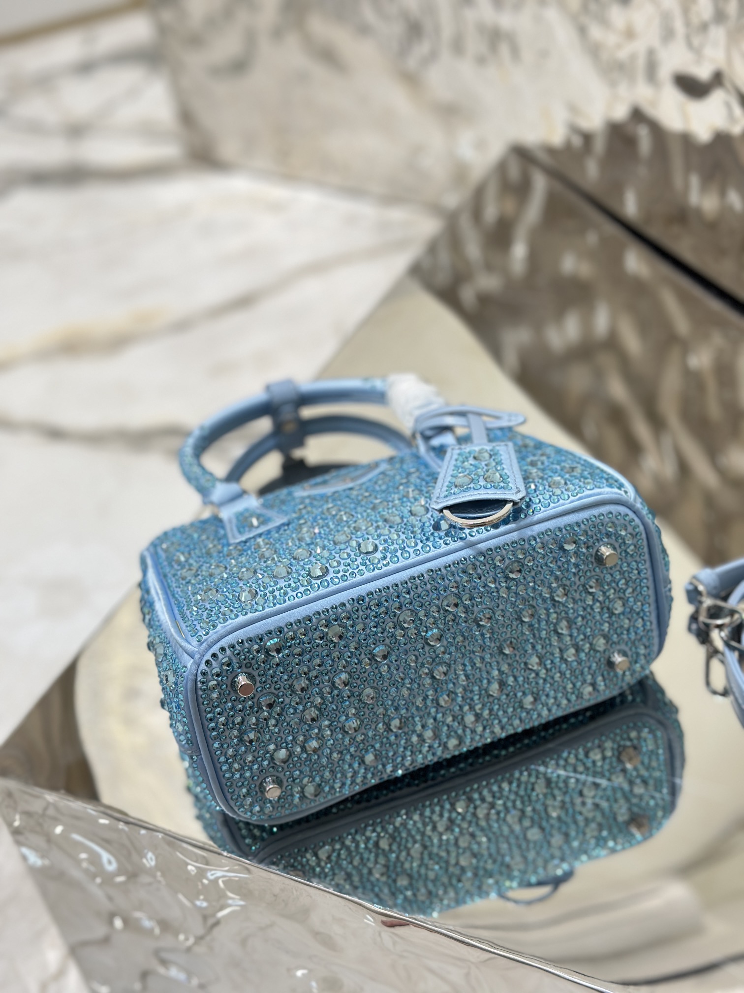 Bagsaaa Pra*a Galleria satin mini-bag with blue crystals - 20*14.5*9.5cm