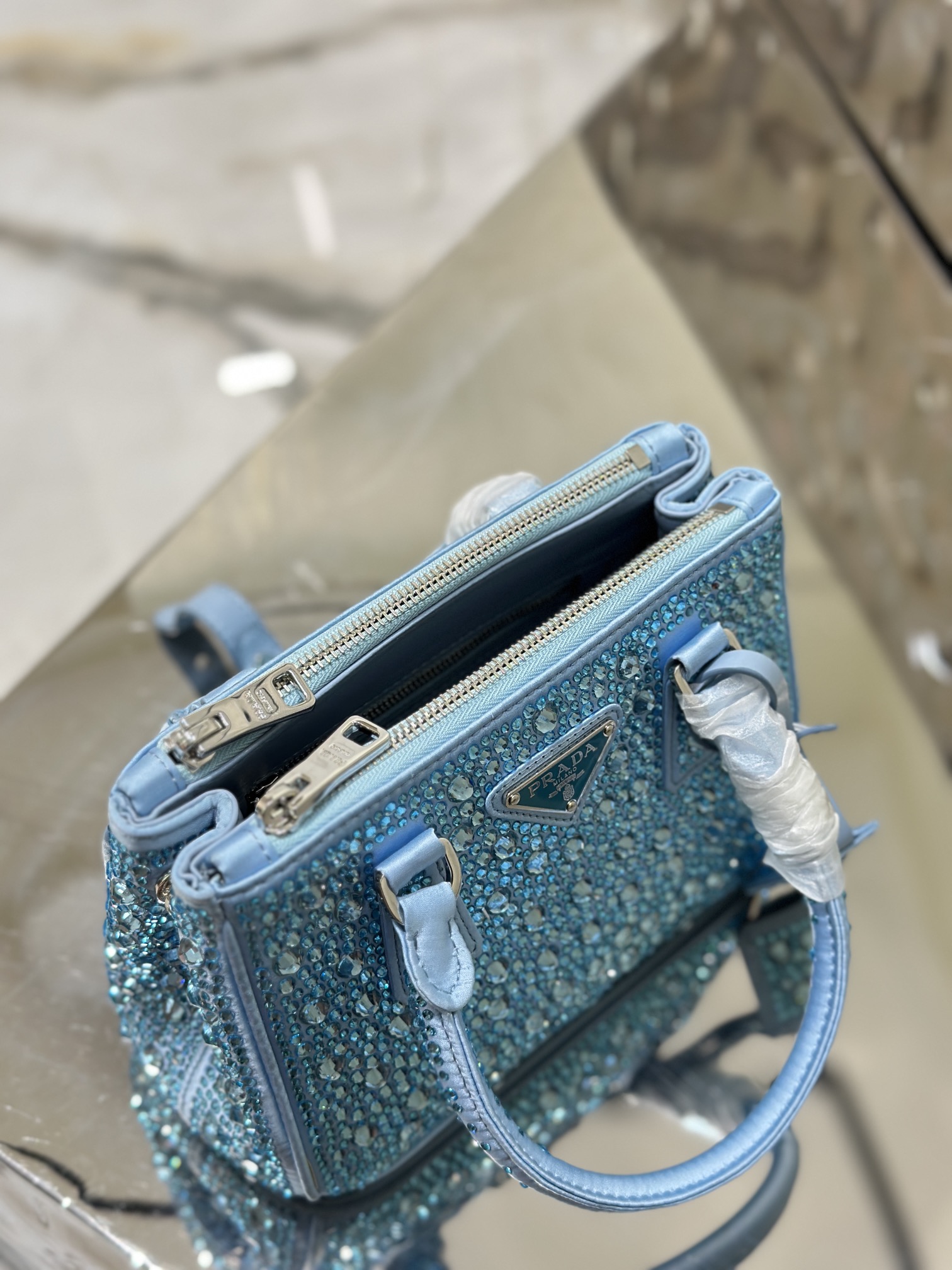 Bagsaaa Pra*a Galleria satin mini-bag with blue crystals - 20*14.5*9.5cm