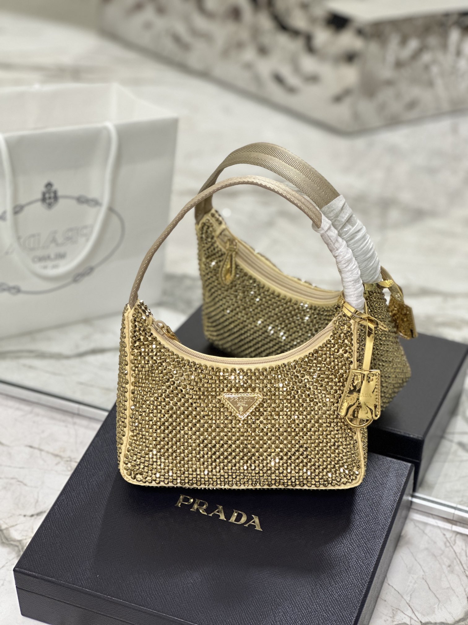 Bagsaaa Pra*a Satin Mini-bag With Artificial Crystal Gold - 23*13*5cm
