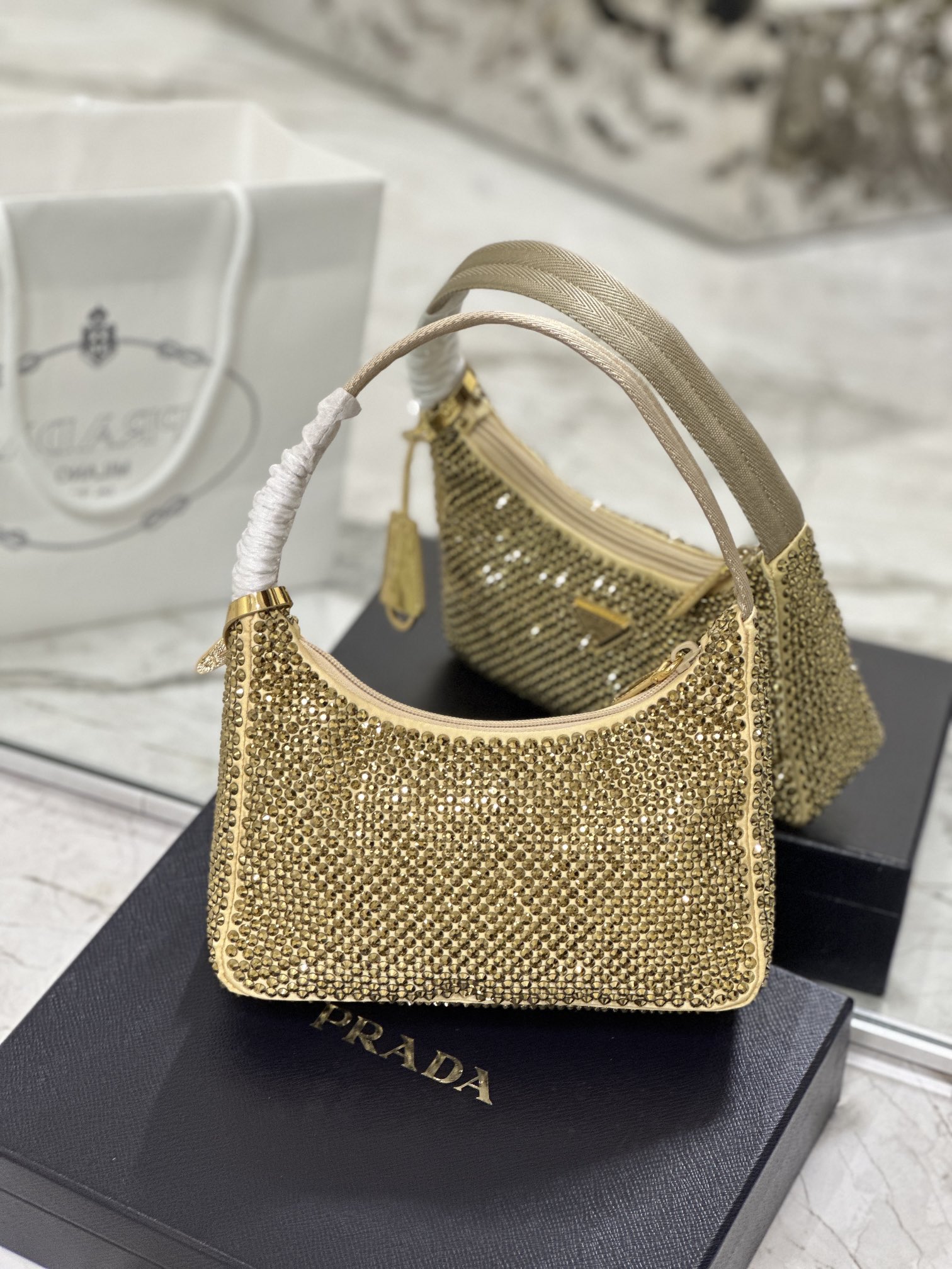 Bagsaaa Pra*a Satin Mini-bag With Artificial Crystal Gold - 23*13*5cm