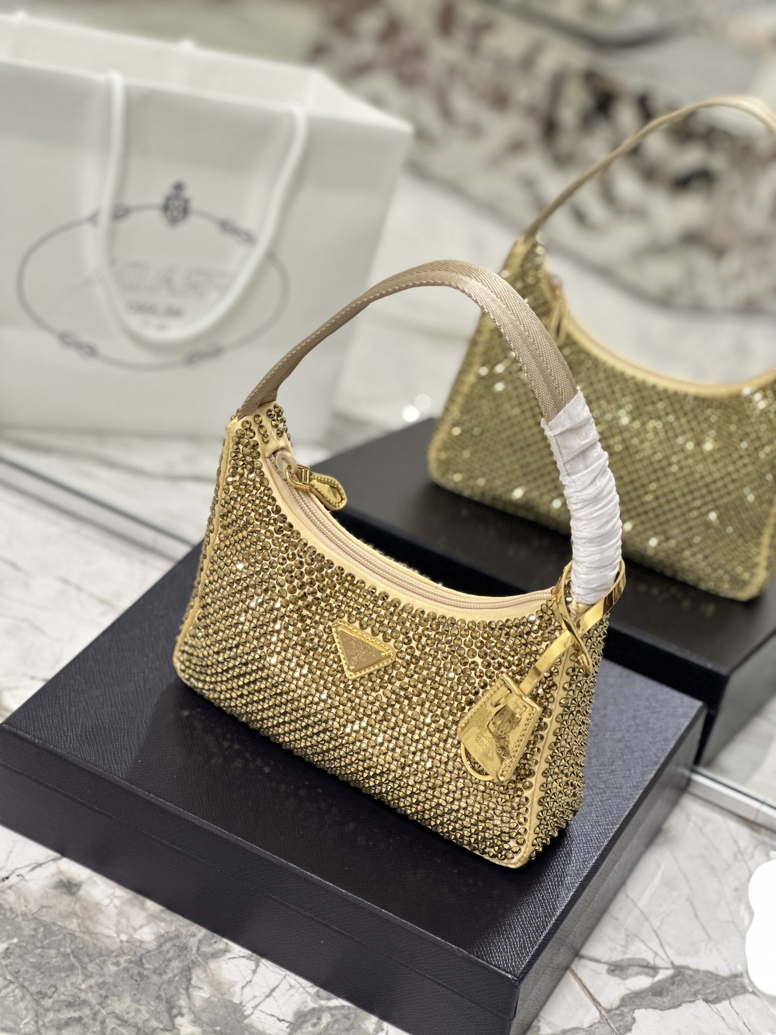 Bagsaaa Pra*a Satin Mini-bag With Artificial Crystal Gold - 23*13*5cm