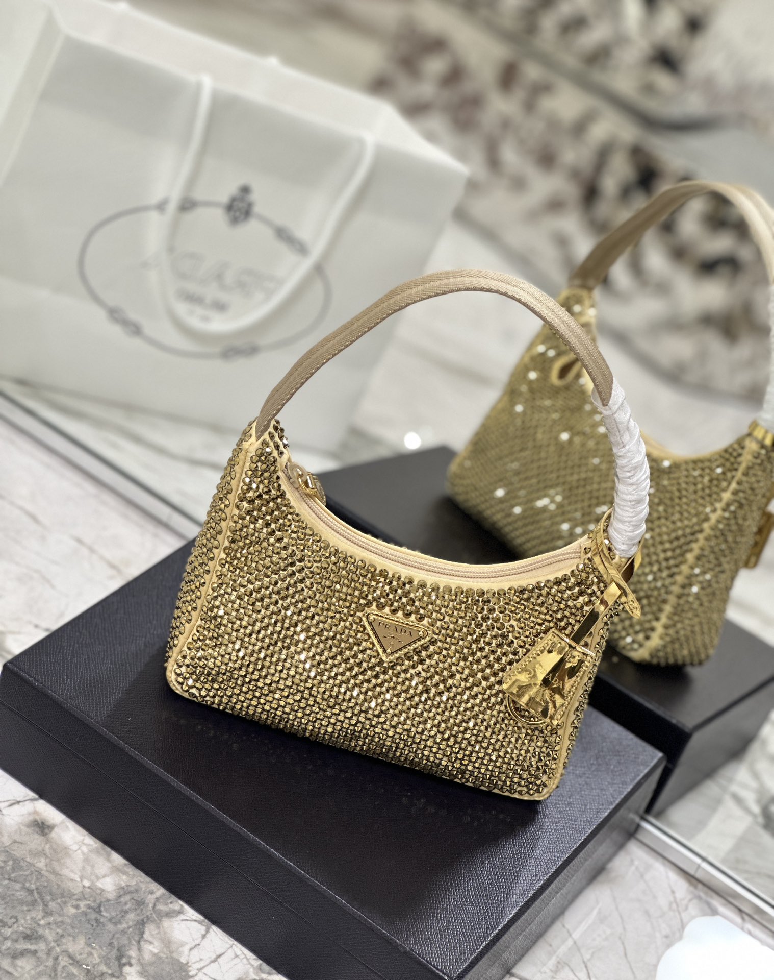 Bagsaaa Pra*a Satin Mini-bag With Artificial Crystal Gold - 23*13*5cm