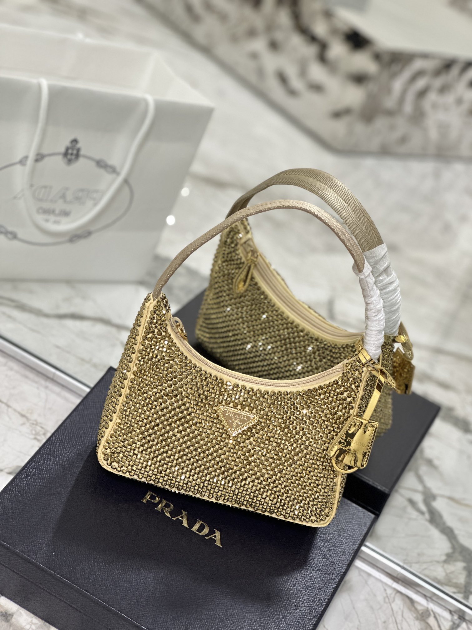 Bagsaaa Pra*a Satin Mini-bag With Artificial Crystal Gold - 23*13*5cm
