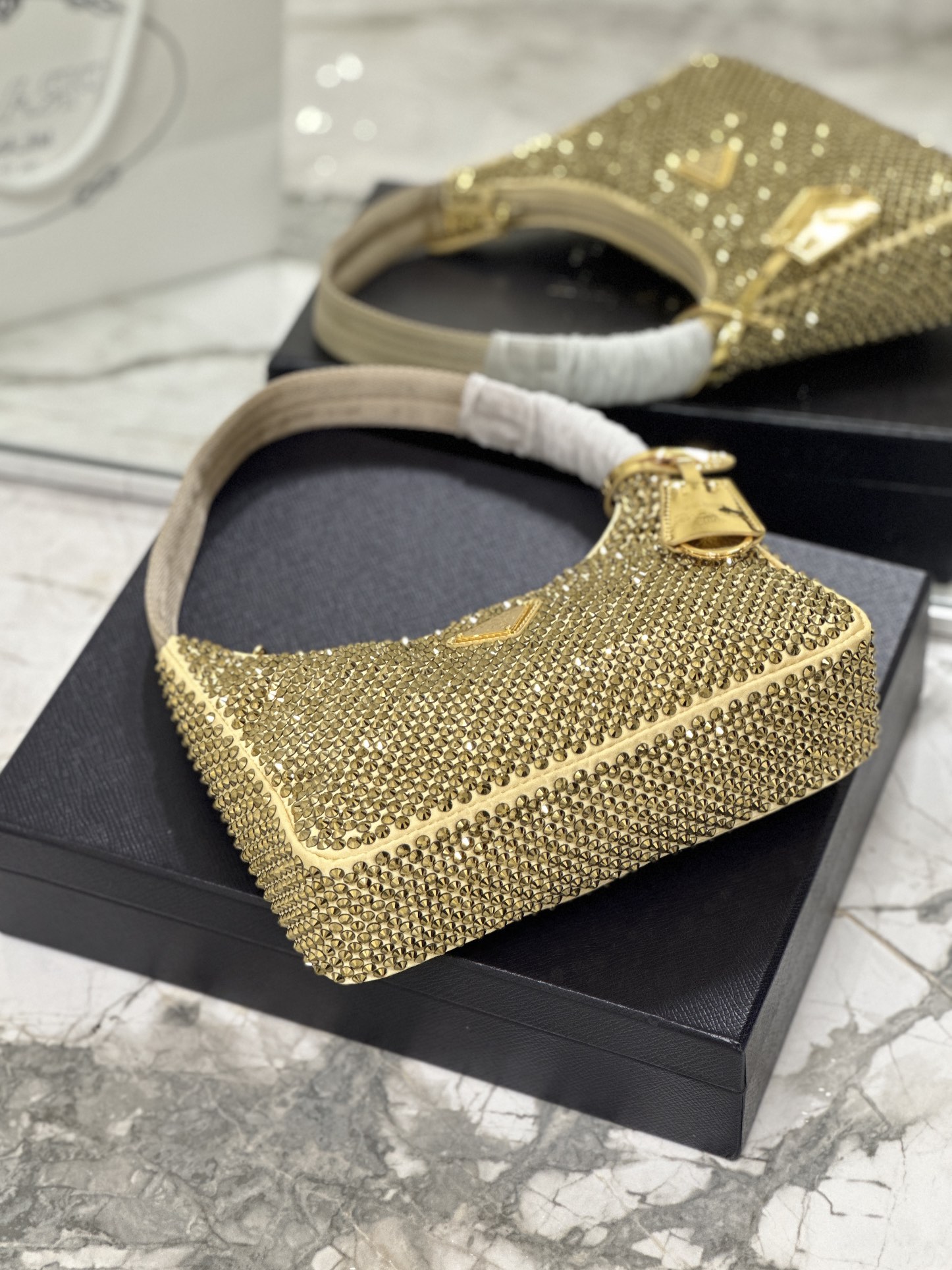 Bagsaaa Pra*a Satin Mini-bag With Artificial Crystal Gold - 23*13*5cm