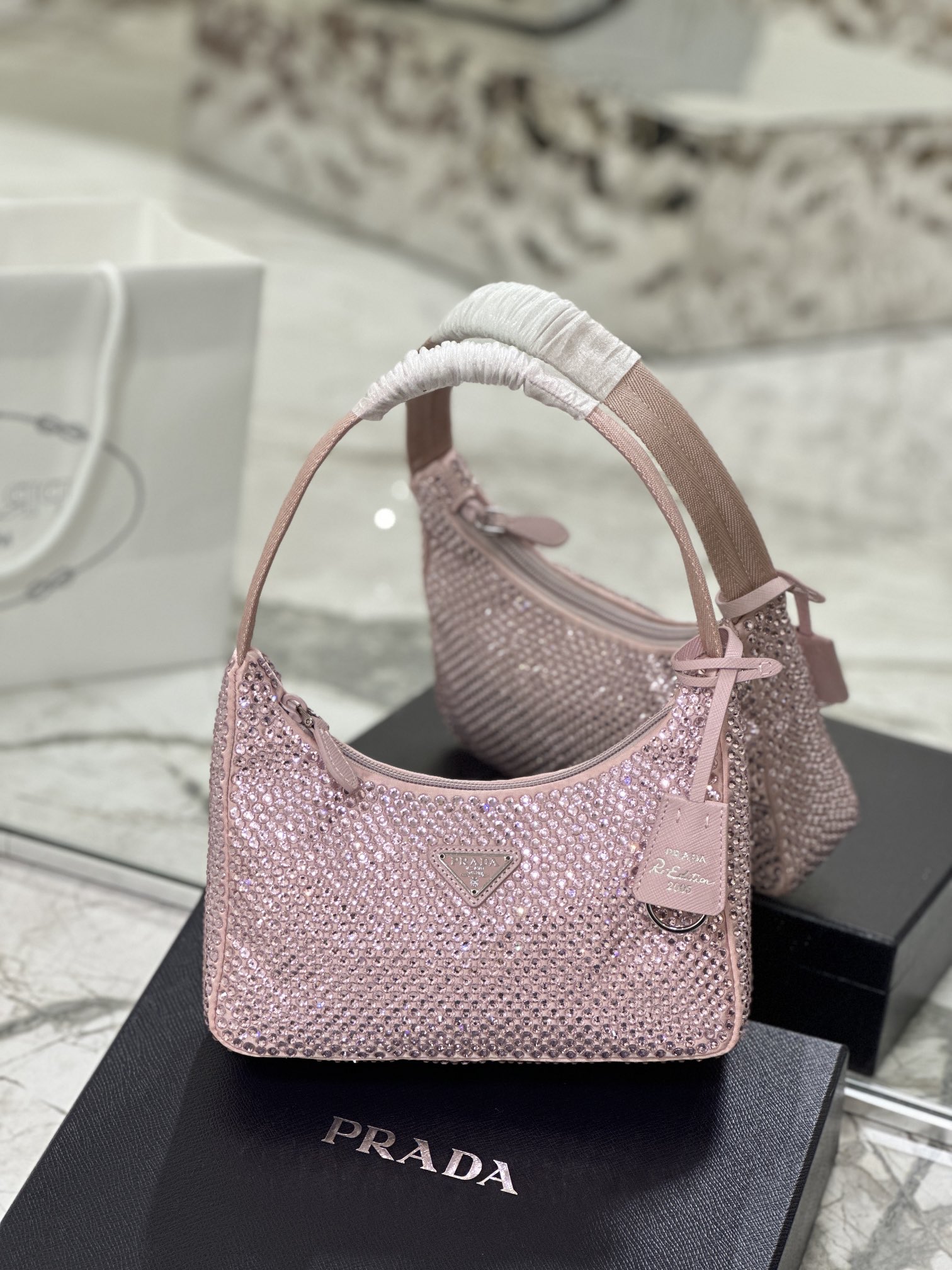 Bagsaaa Pra*a Satin Mini-bag With Artificial Crystal Pink - 23*13*5cm