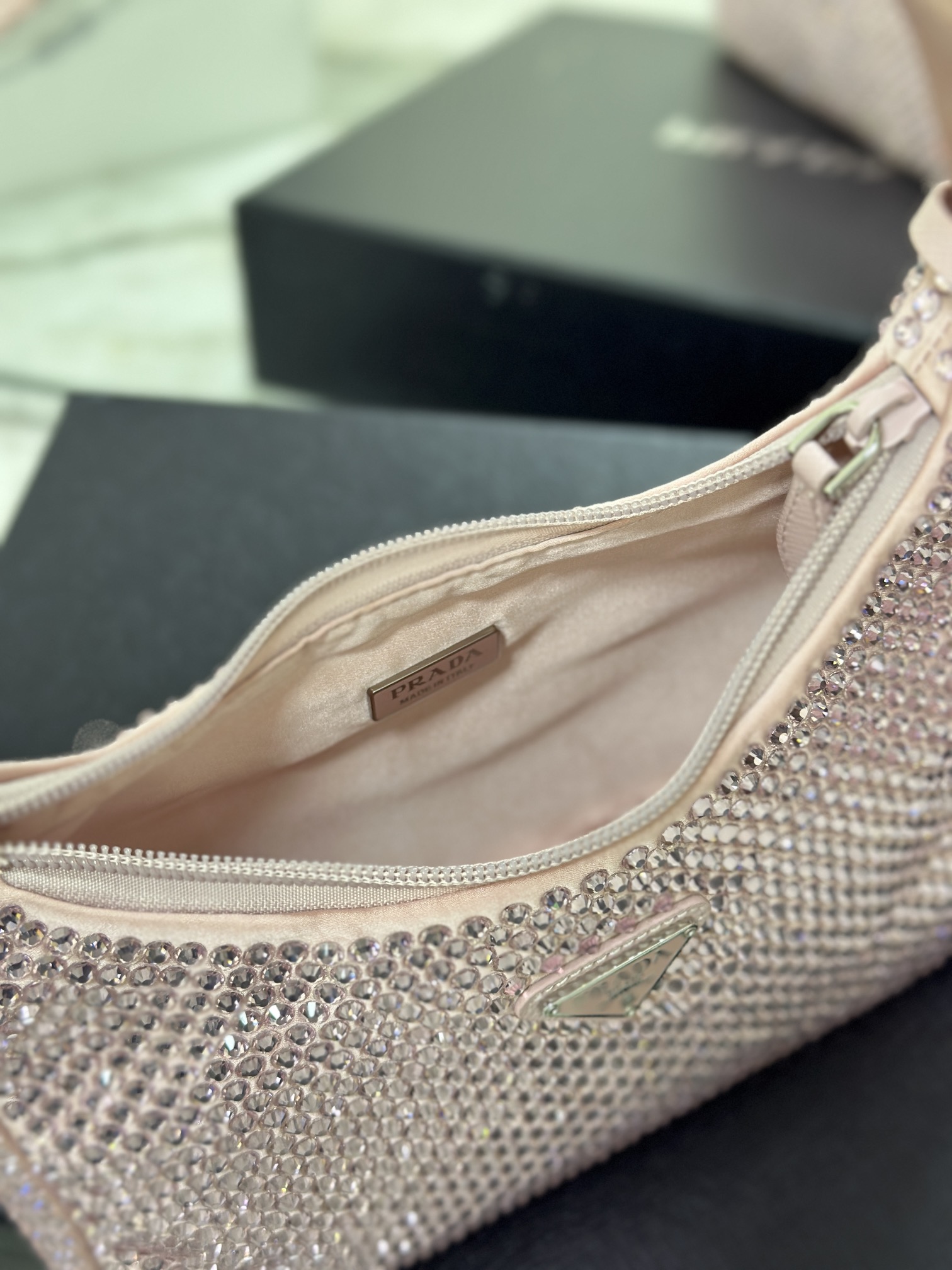 Bagsaaa Pra*a Satin Mini-bag With Artificial Crystal Pink - 23*13*5cm