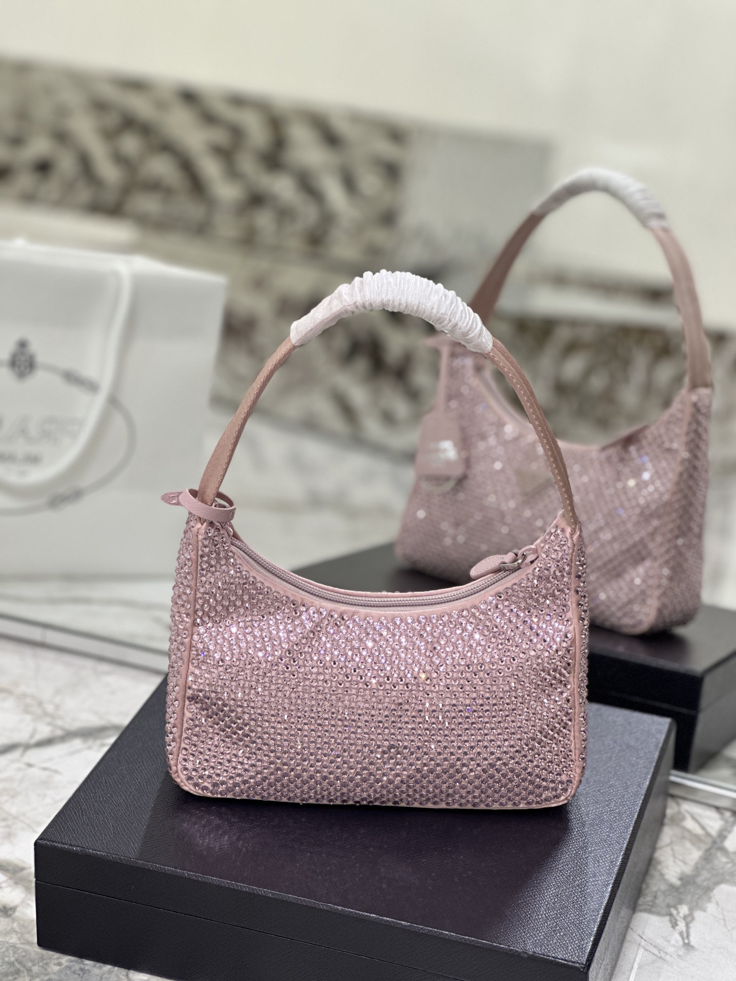 Bagsaaa Pra*a Satin Mini-bag With Artificial Crystal Pink - 23*13*5cm