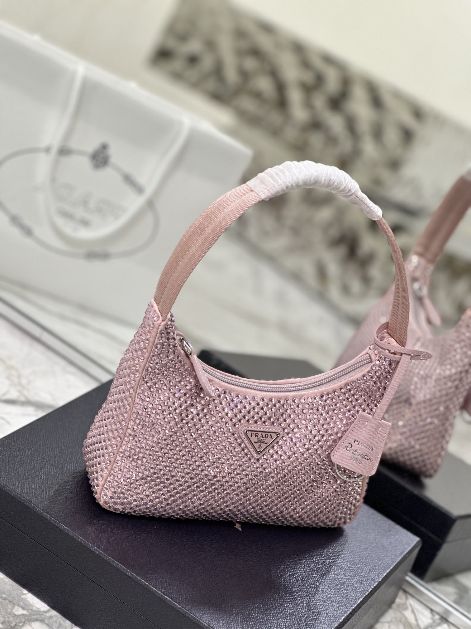Bagsaaa Pra*a Satin Mini-bag With Artificial Crystal Pink - 23*13*5cm