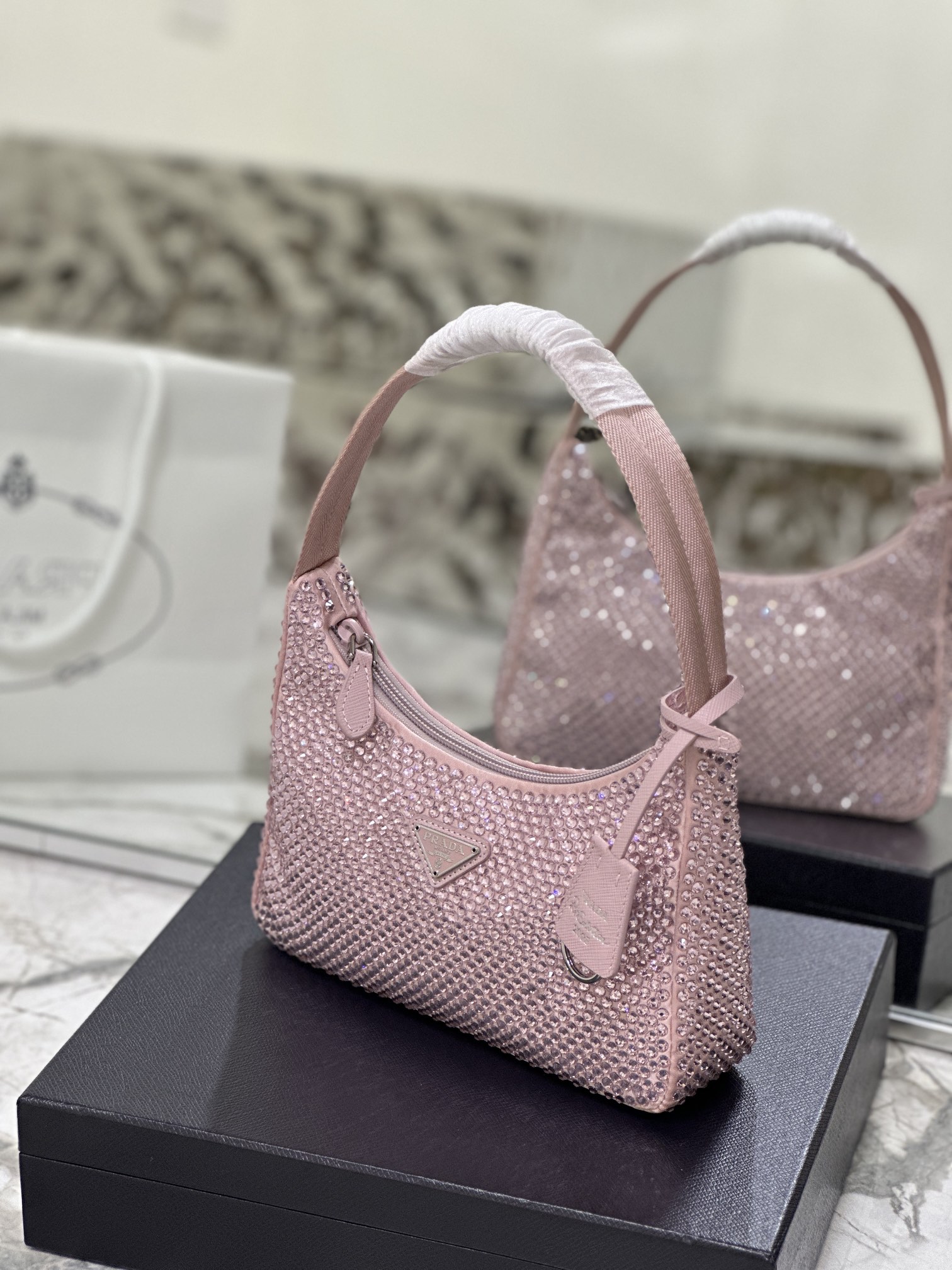 Bagsaaa Pra*a Satin Mini-bag With Artificial Crystal Pink - 23*13*5cm