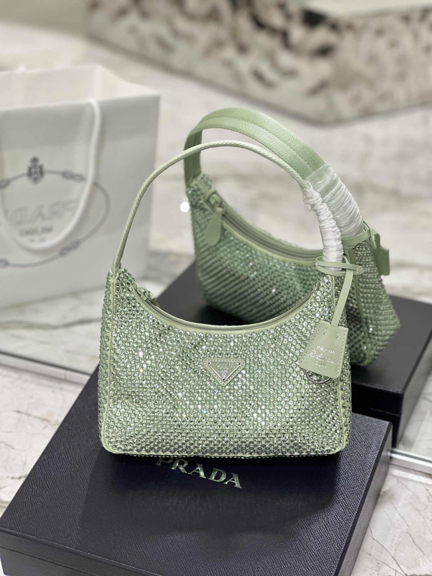 Bagsaaa Pra*a Satin Mini-bag With Artificial Crystal Green - 23*13*5cm