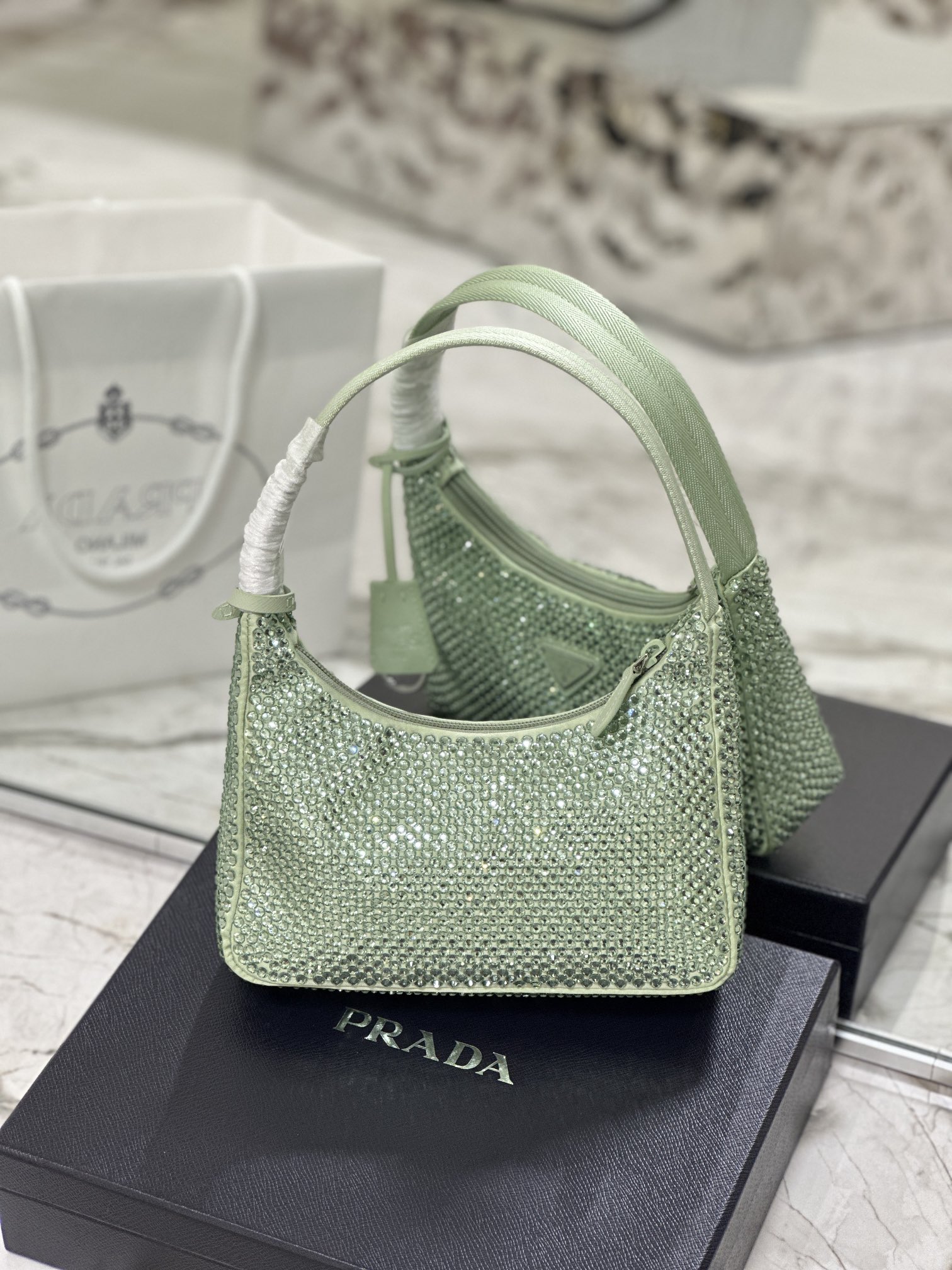Bagsaaa Pra*a Satin Mini-bag With Artificial Crystal Green - 23*13*5cm