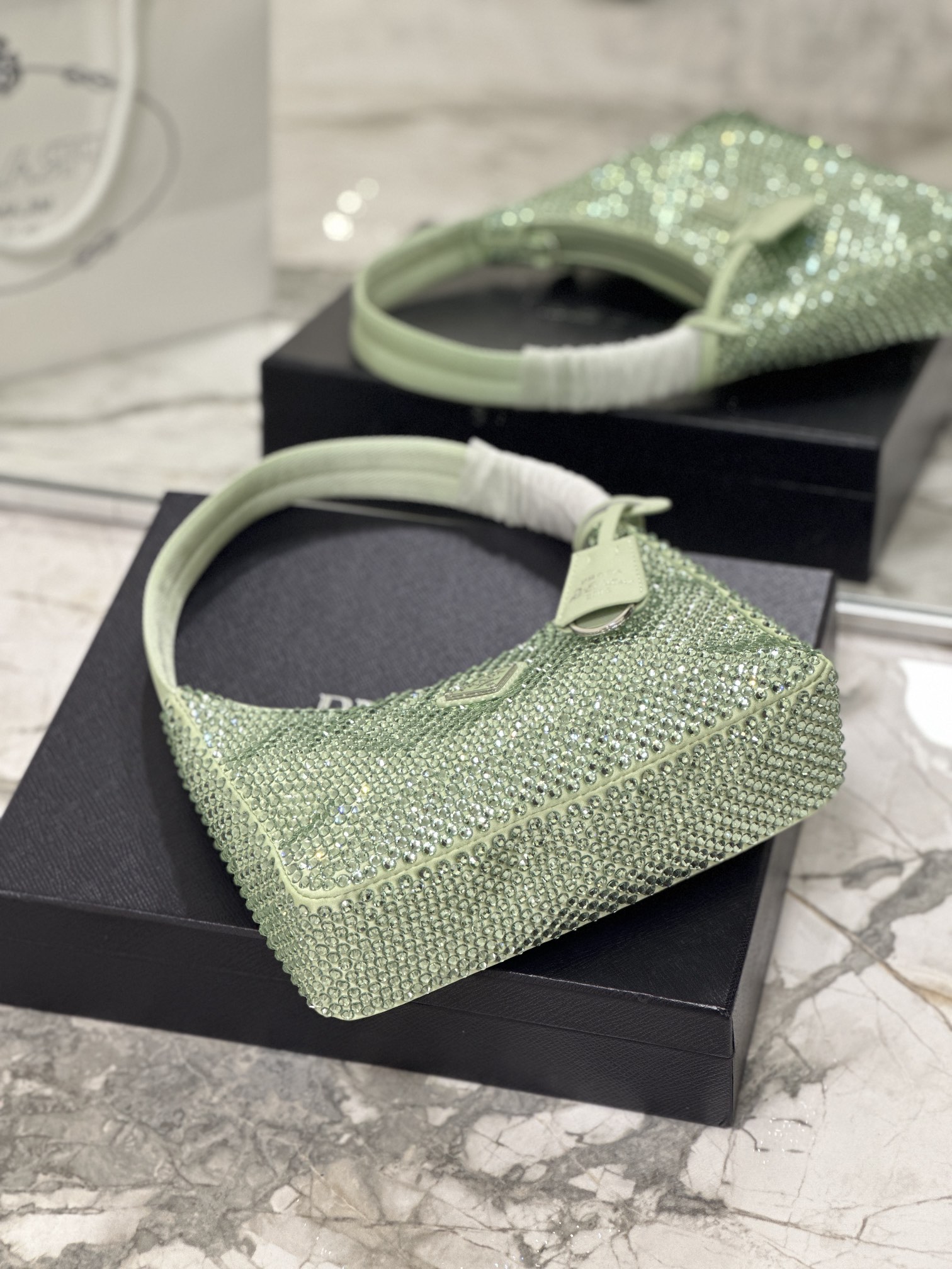 Bagsaaa Pra*a Satin Mini-bag With Artificial Crystal Green - 23*13*5cm