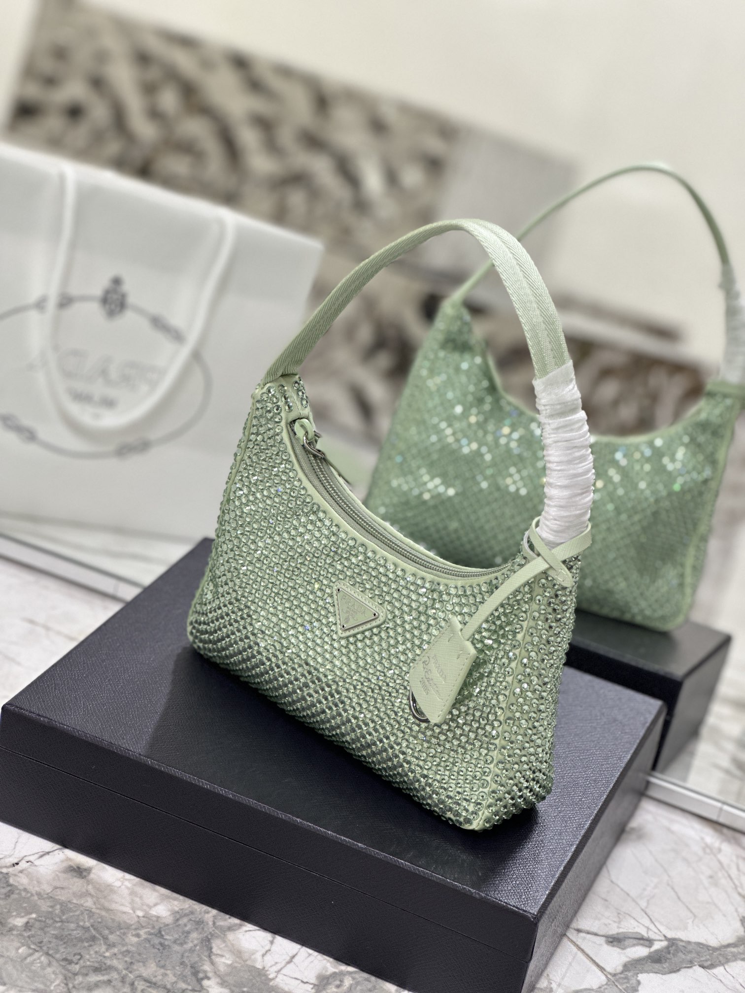 Bagsaaa Pra*a Satin Mini-bag With Artificial Crystal Green - 23*13*5cm