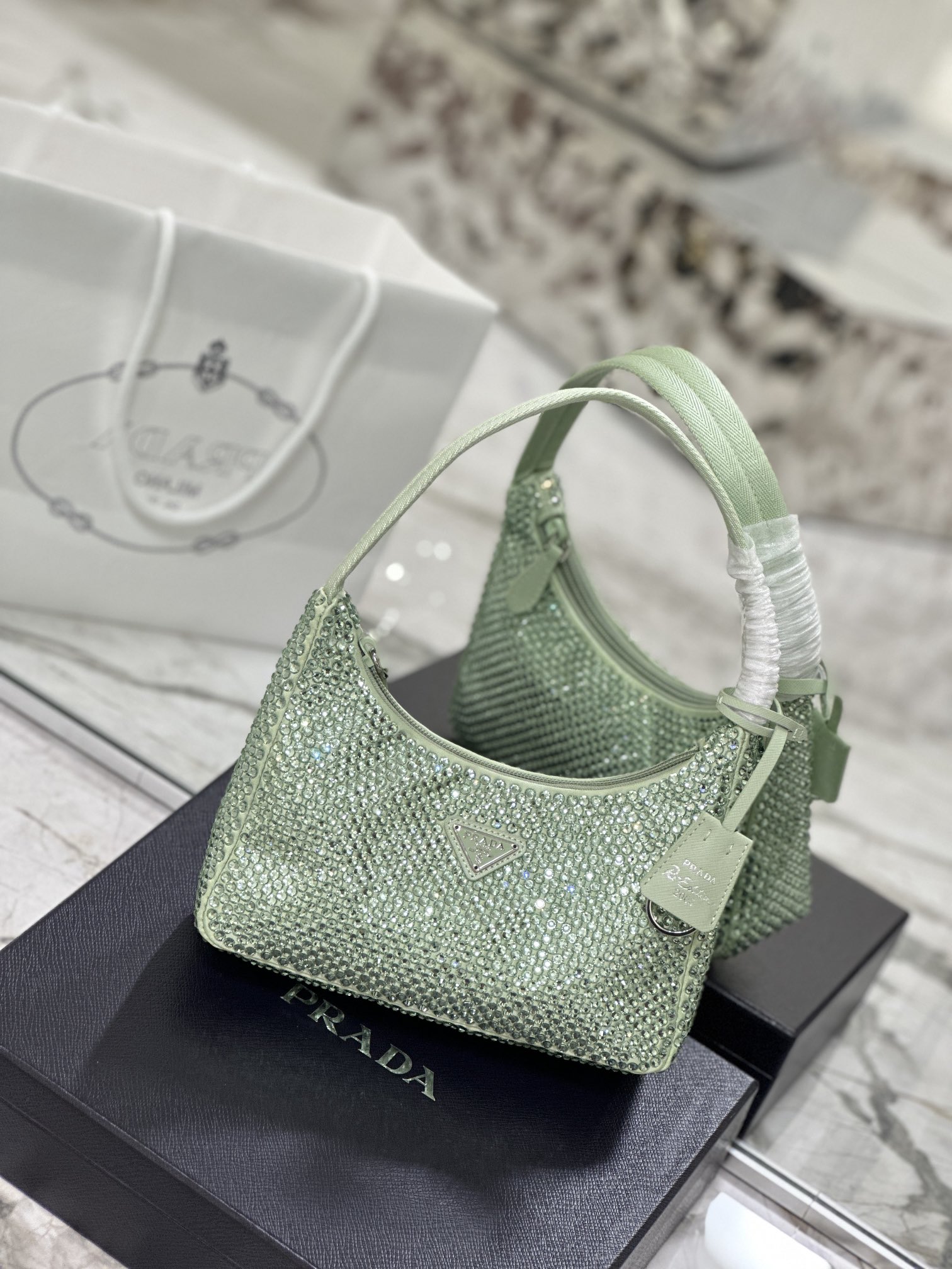 Bagsaaa Pra*a Satin Mini-bag With Artificial Crystal Green - 23*13*5cm