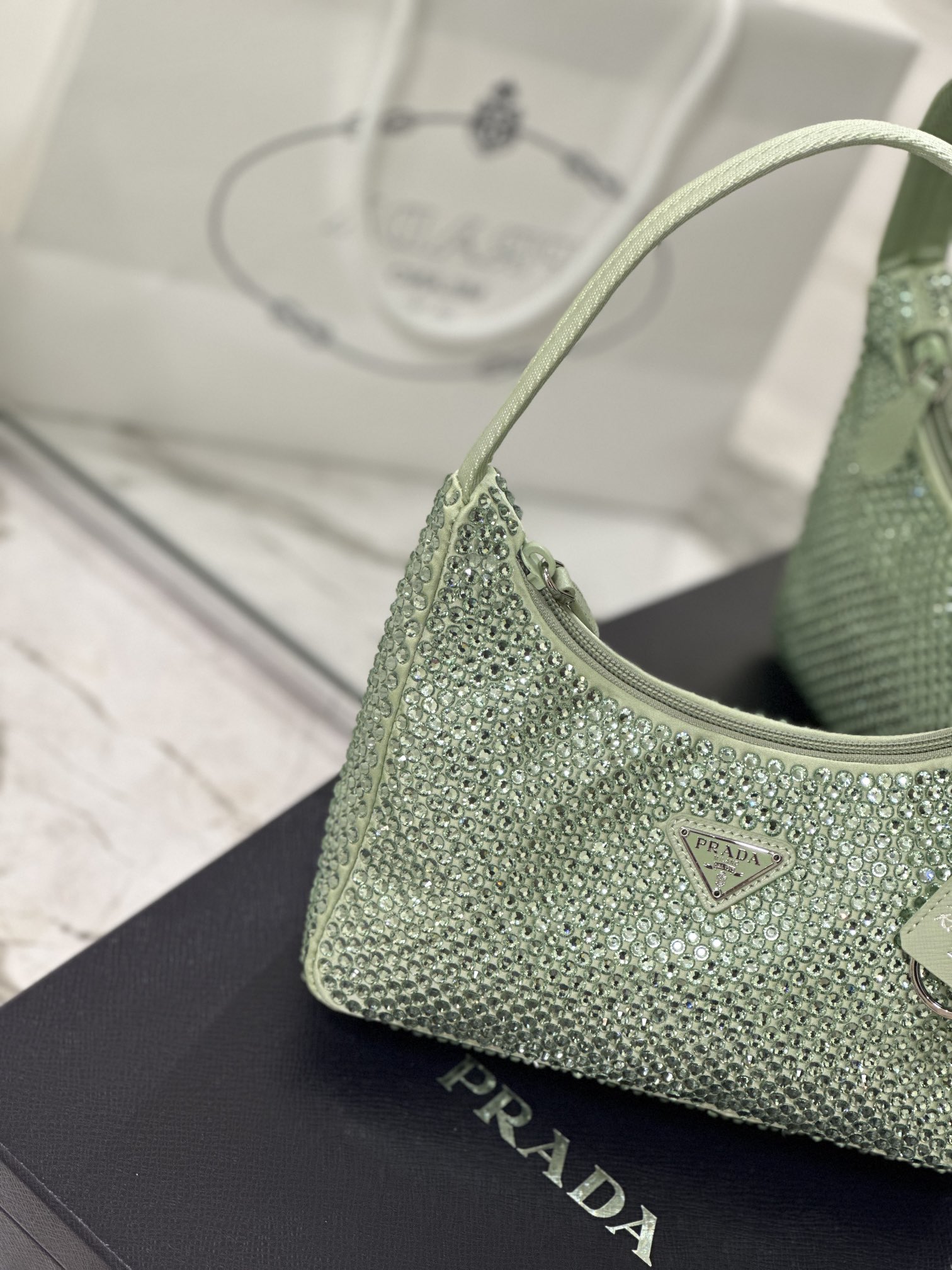 Bagsaaa Pra*a Satin Mini-bag With Artificial Crystal Green - 23*13*5cm