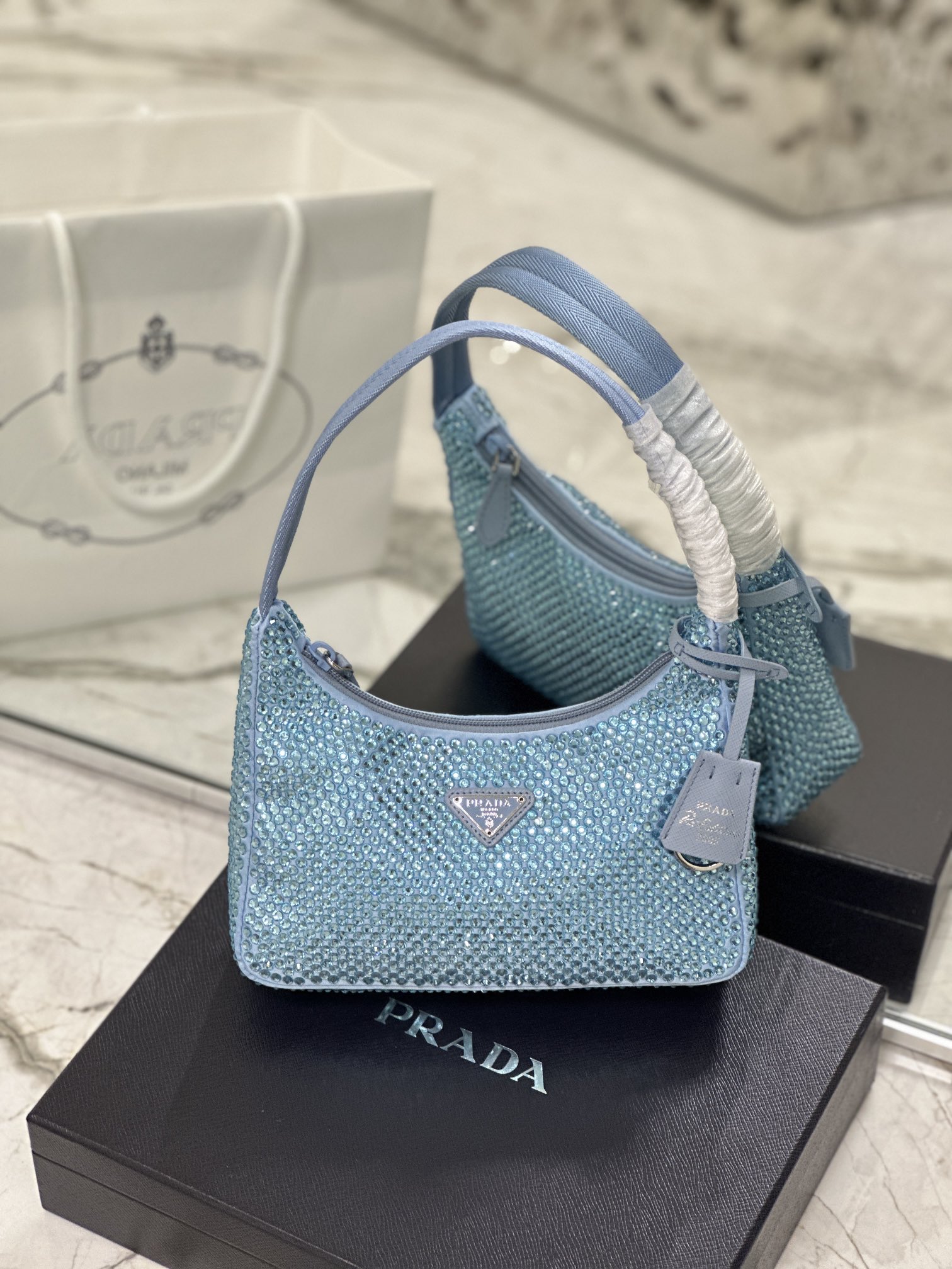 Bagsaaa Pra*a Satin Mini-bag With Artificial Crystal Blue - 23*13*5cm